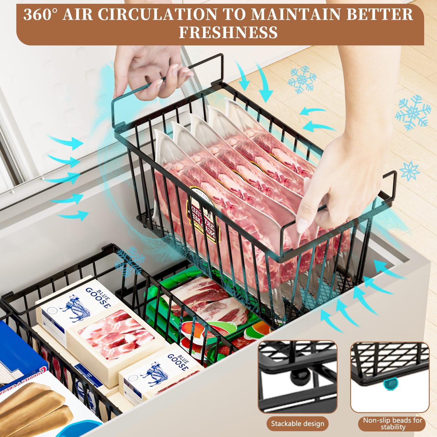 Enhanced Leak-Proof Bottom - Freezer Organizer Bins ，4 Pack Stackable Deep Freezer Organizer Bins for 7 Cu.FT Small Chest Freezer，organization and storage，pantry organizers(4 Pack-black) - Image 8