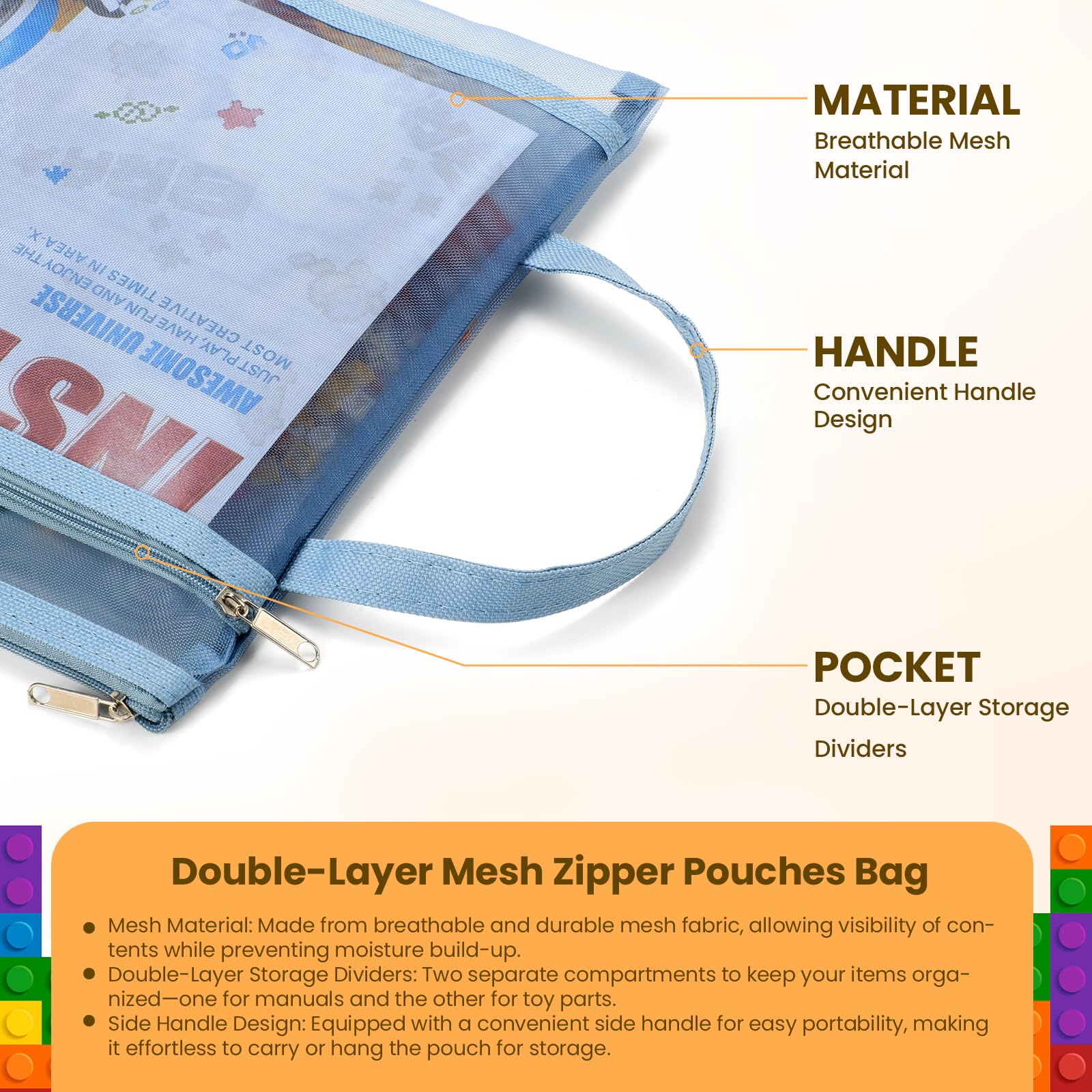 10 Pack Colored Mesh Zipper Pouch Bags,Double-Layer Nylon Puzzleets Toy Storage Organization, A4 Zipper Pouch (A4-2LAYERS)