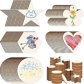 Hilitchi 200Pcs Multi Shape Unfinished Wooden Crafts DIY Wooden Cutouts Star Flower Circle Hexagon Heart Shapes Unfinished Wood Slices Ornament for DIY Crafts Home Decorations