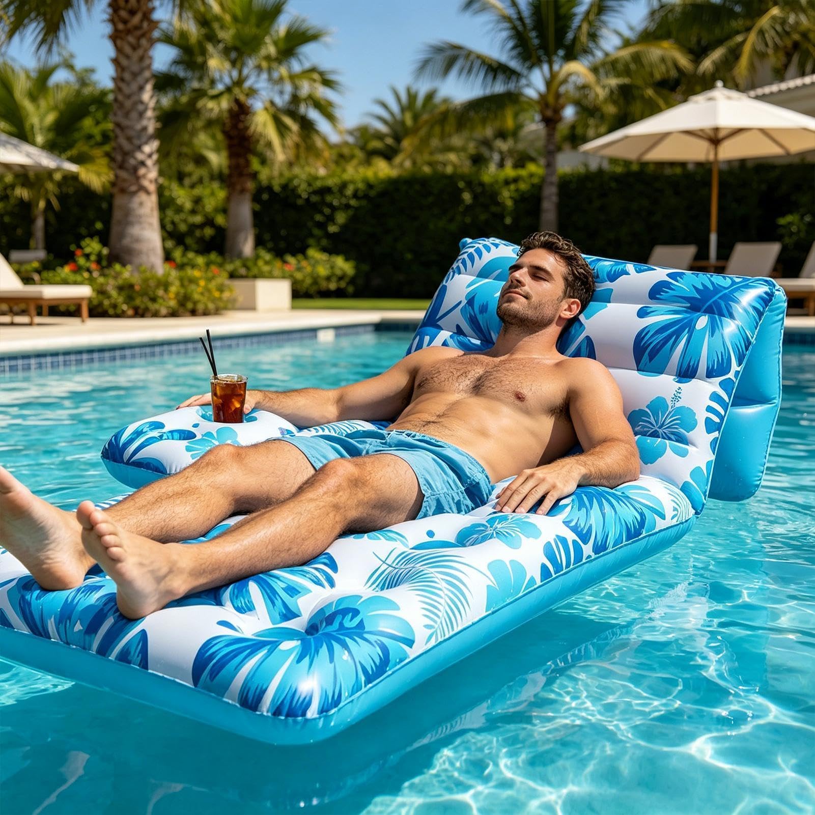 Seeschwimmer für Erwachsene | mit Getränkehalter Aufblasbarer Loungestuhl – aufblasbares Floß für Pool – für Fluss, Strand, Garten, Sommerparty, Reisen, Outdoor, Sonnenbaden