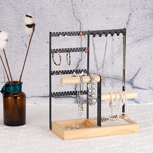 Miniatura 5 de uxcell Soporte para joyas, organizador de exhibición de collares de metal de 4 niveles, torre de aretes, 10 ganchos colgantes para pulseras,