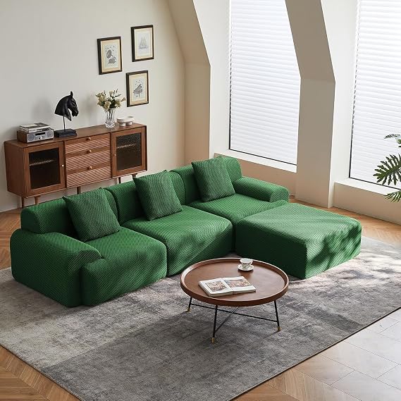 Modular Sectional Sofa, 113 Convertible L-Shape Couch, Modern Cloud Couch with Chaise, Green Comfy Boneless Sofa, No Assembly Required, Accommodating 3-4 People