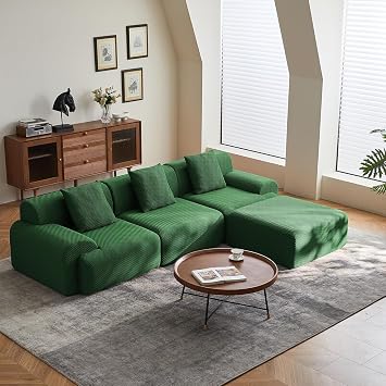Modular Sectional Sofa, 113 Convertible L-Shape Couch, Modern Cloud Couch with Chaise, Green Comfy Boneless Sofa, No Assembly Required, Accommodating 3-4 People