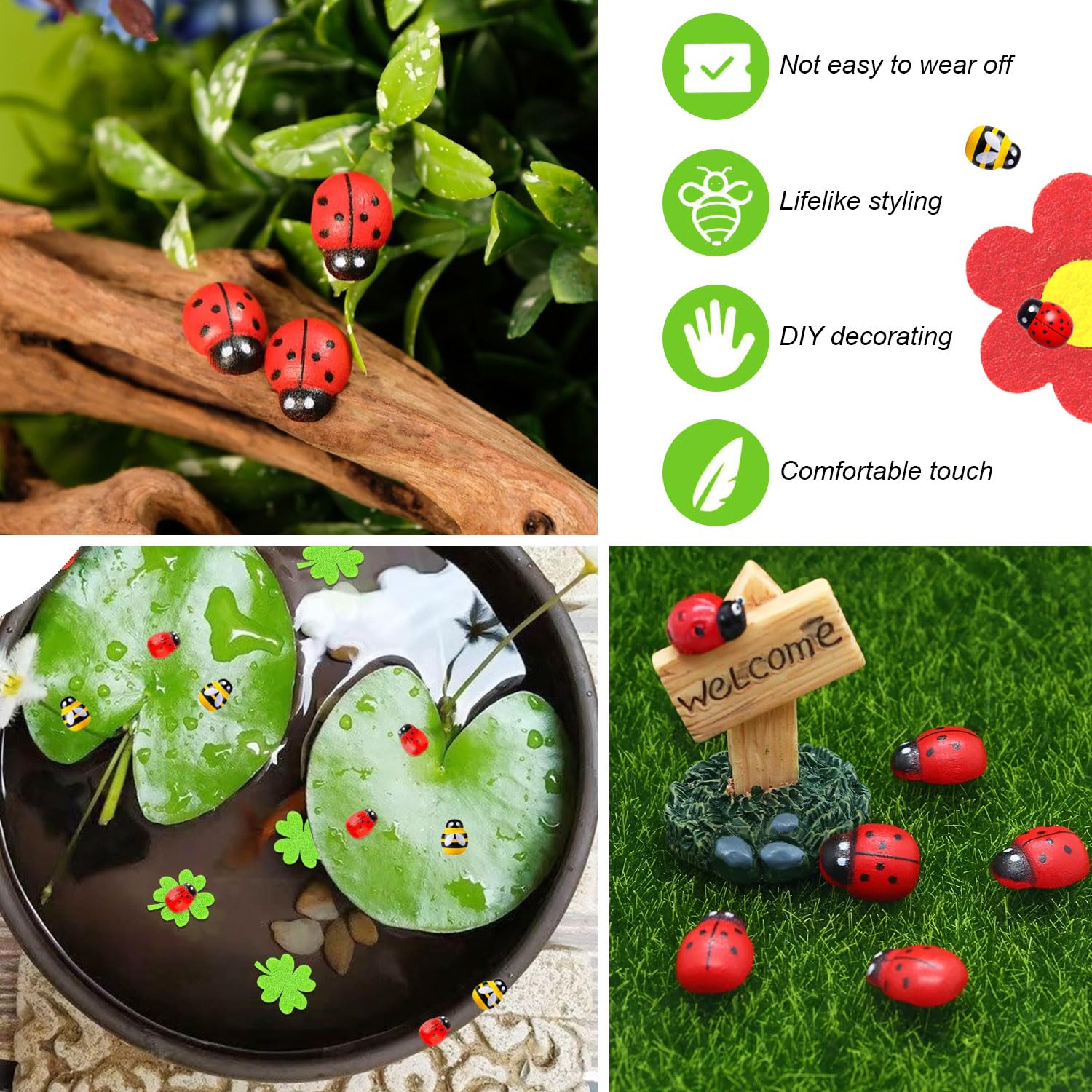 200 Piezas 18 x 25 mm Decorativas Mariquitas de Madera 9 x 13 mm Mini Abejas Abejita Chiquitita Autoadhesivas Abeja de Madera Trébol de Cuatro Hojas Fieltro Flores para DIY Manualidades Fiesta Deco