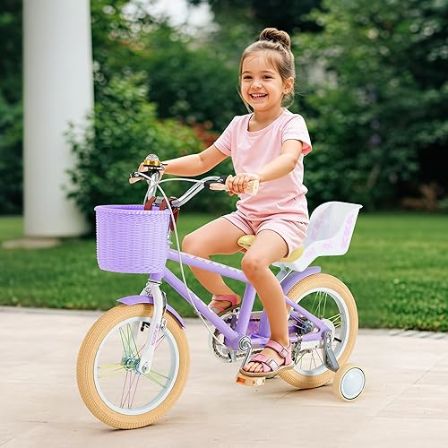 Miniatura 6 de Bicicleta infantil para niñas y niños de 3 a 12 años, bicicleta para niños de 12, 14 y 16 pulgadas, con ruedas de entrenamiento, serpentinas, cesta