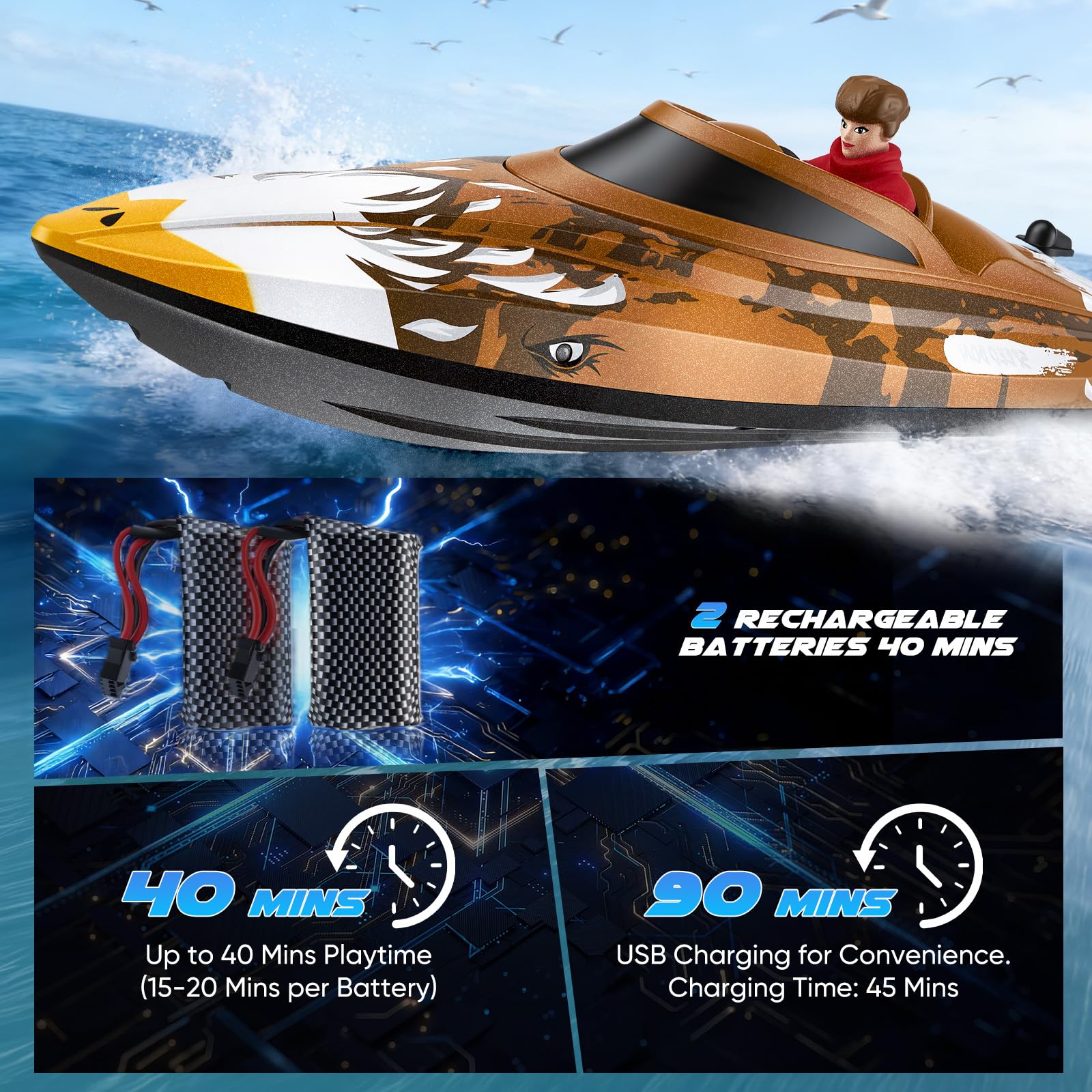 Bateau RC télécommandé 25 km/h - Bateau de course haute vitesse étanche avec 2 batteries et télécommande 2,4 GHz pour piscine, lac et étang - Pour enfants et adultes (Marron)