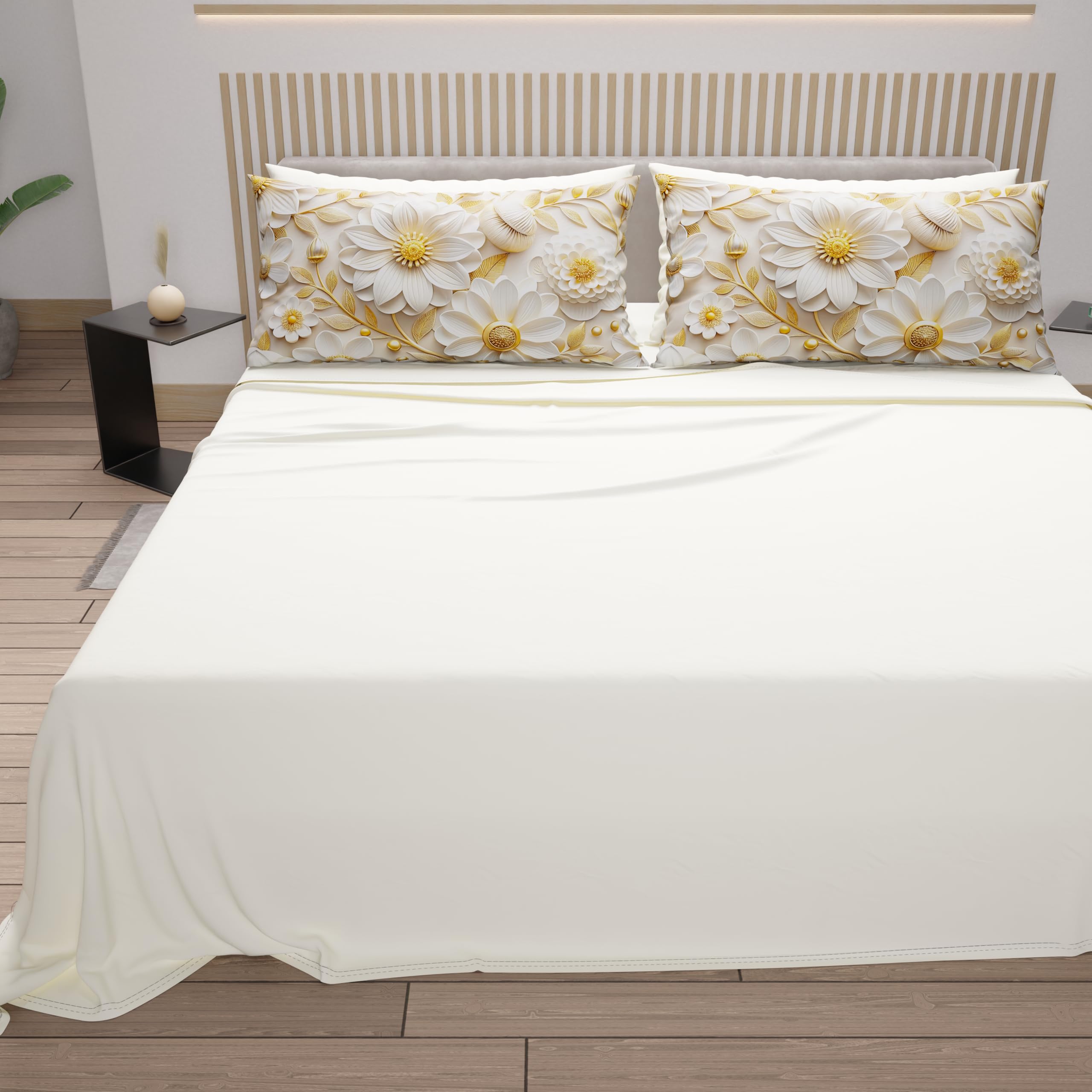PETTI Artigiani Italiani - Bettwäsche aus Baumwolle mit Kissenbezügen mit Digitaldruck, für Doppelbett, Maxi, komplettes Bettlaken Oben und unten mit Ecken, Blumenmuster 05 13 Creme, 100% Made in