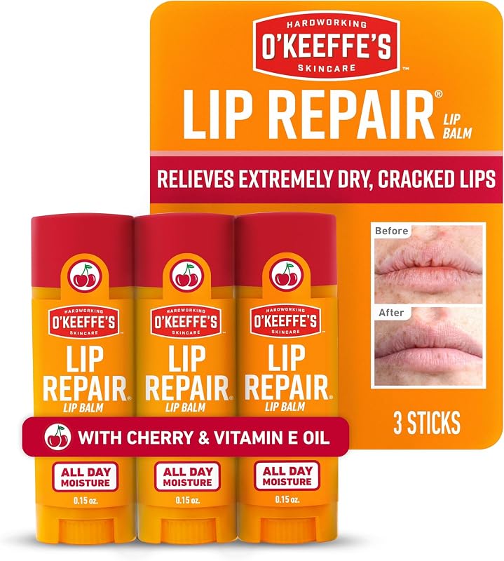 Bálsamo labial em bastão O'Keeffe's Lip Repair Cherry com óleo de vitamina E, pacote com 18