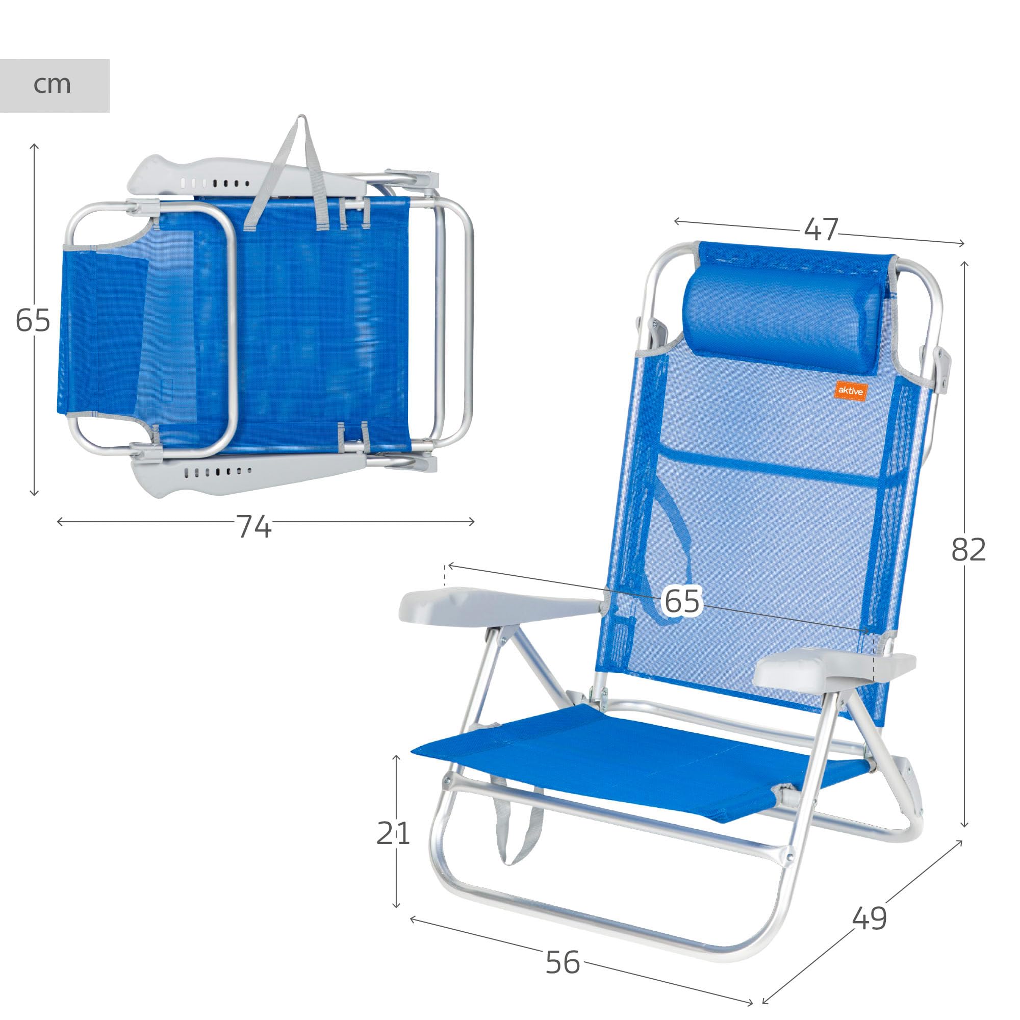 AKTIVE Sedia da spiaggia pieghevole 8 posizioni blu 48x49x82 cm cuscino imbottito 110 kg