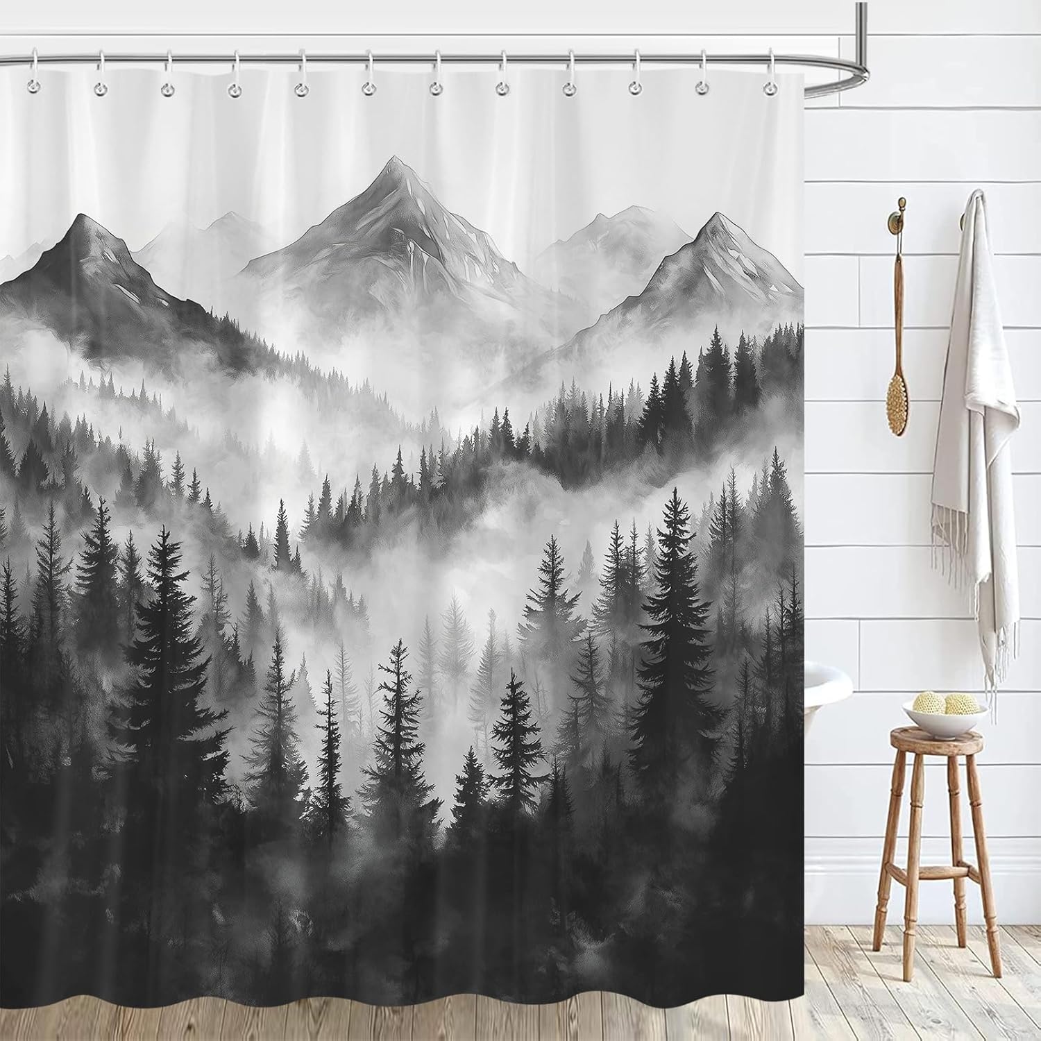 Forest Mountain Shower Curtain, Black and White Nature Misty Foggy Rustic Woodland Pine Tree Shower Curtains for Mens Bathroom Decor, Waterproof Polyester Fabric Bath Curtains with Hooks, 72Wx78H