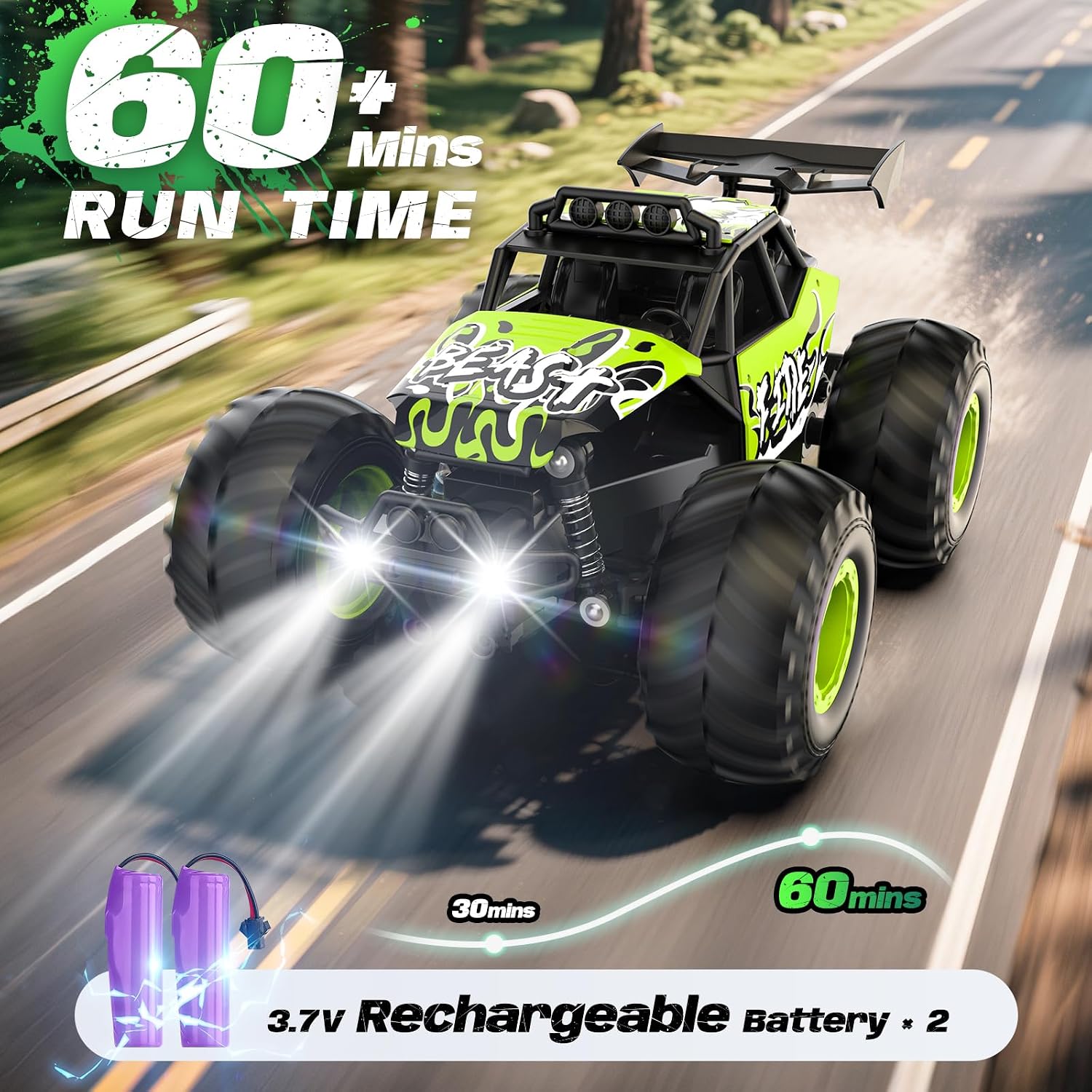 Remote Control Car, All Terrain RC Cars with Speed Switch RC Truck with LED Headlight and Rechargeable Batteries, 20KM/H Monster Truck Toys Gift for Boys 6-8 8-12, Green