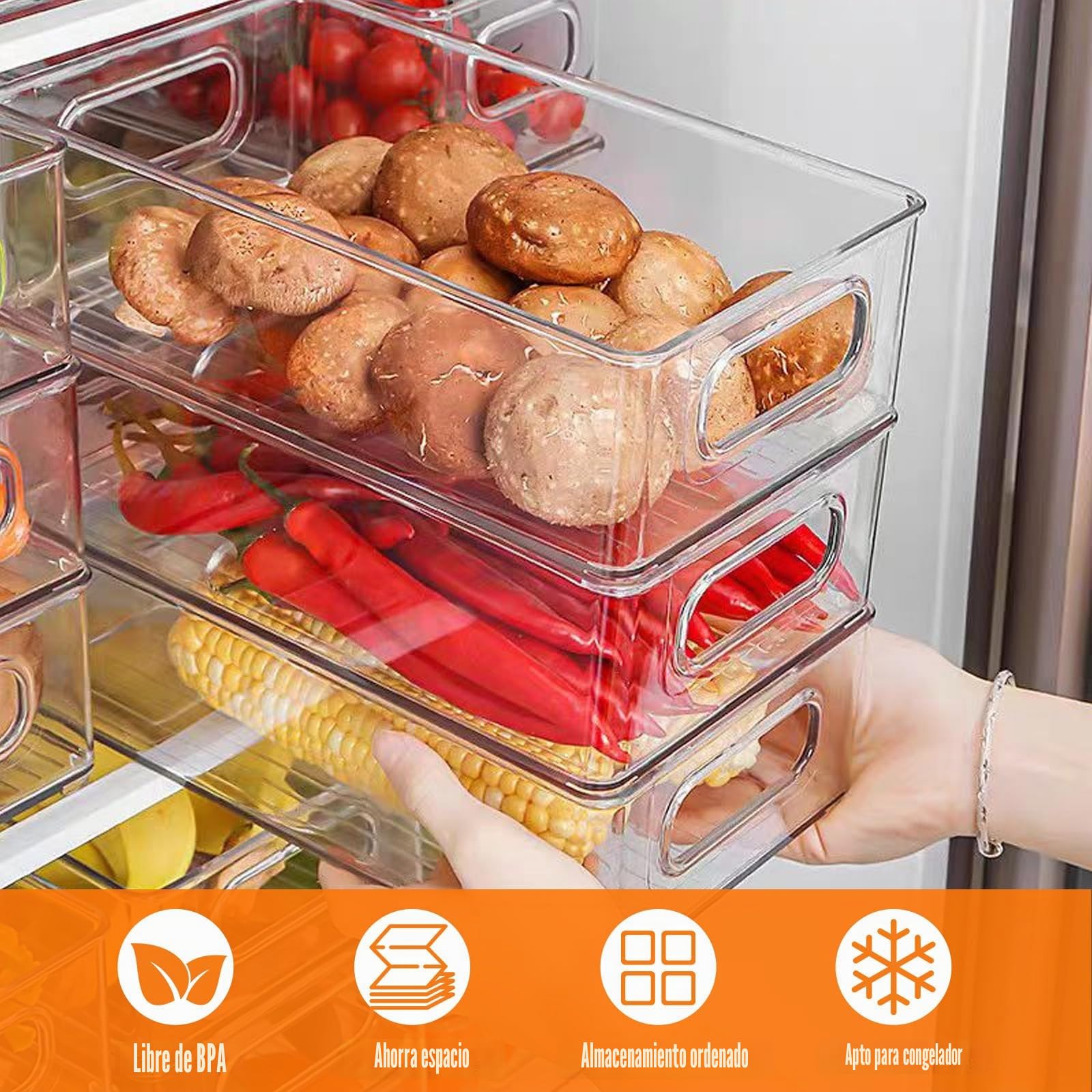 6Pcs Organizador Nevera con Asa, Caja Almacenamiento Cocina Apilables & Transparente, Contenedores para Cosméticos & Material Oficina, Cajas Frigorifico para Despensa, Encimeras,Refrigerador,Armarios