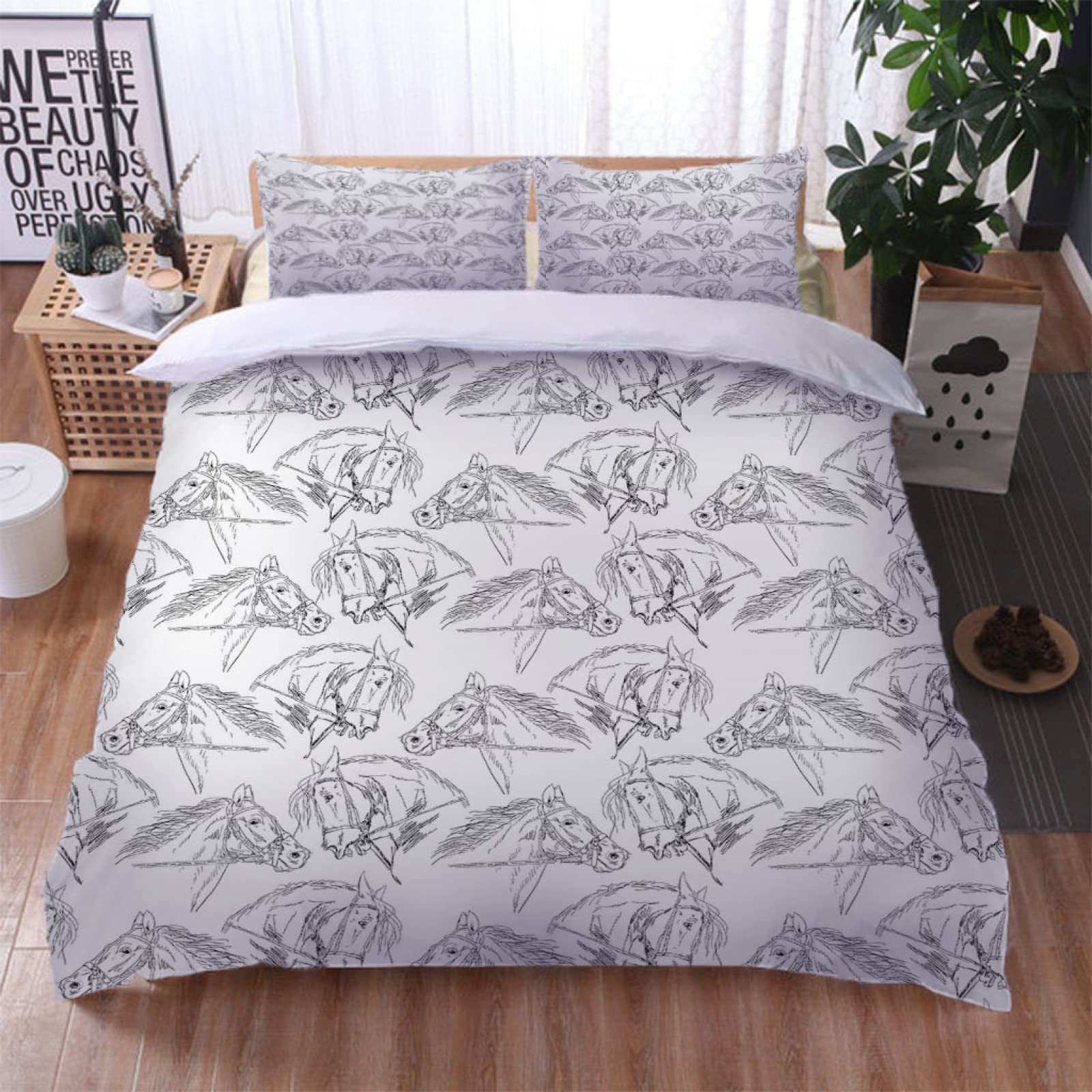 3 Pezzi Set Di Biancheria Da Letto Copripiumino Matrimoniali Completo 260X240Cm Stampa Di Stampa Di Cavalli Animali 3D Copripiumini Matrimoniali In Microfibre Con 2 Federe 50X80Cm
