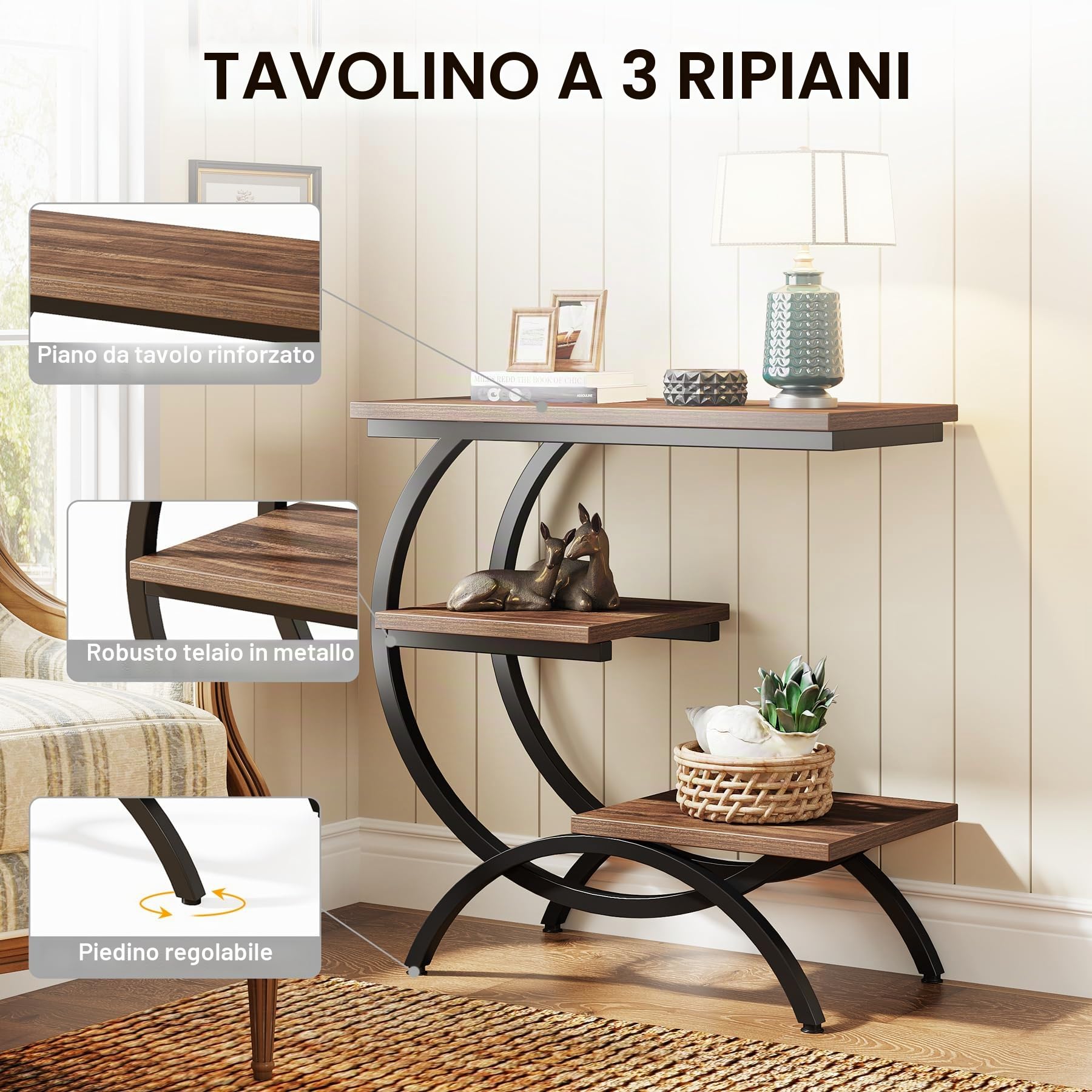 Tribesigns C Tavolino Laterale Versatile A 3 Ripiani Per Divano, Piccolo Comodino In Legno, Tavolino Da Snack Con Ripiani Portaoggetti Per Soggiorno, Camera Da Letto, Piccolo Spazio, Marrone Scuro