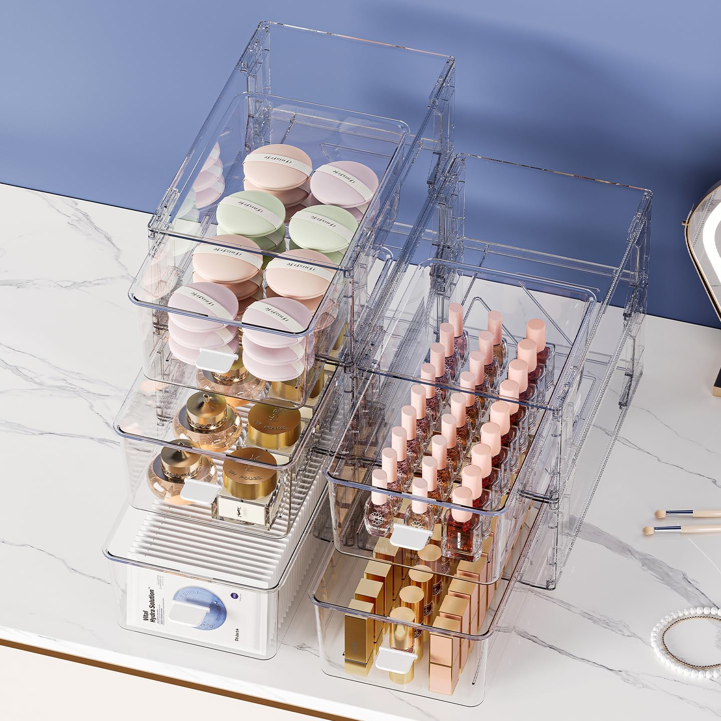 2 Pack Stackable Makeup Organizer,Modular Storage Bins with Handles for Fridge,Bathroom,Kitchen Under sink,Cabinet,Pantry Organization Drawer