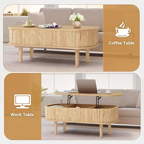 Miniatura 4 de Mesa auxiliar con parte superior acanalada con compartimento oculto, mesa central de madera totalmente montada, moderna mesa de elevación ovalada