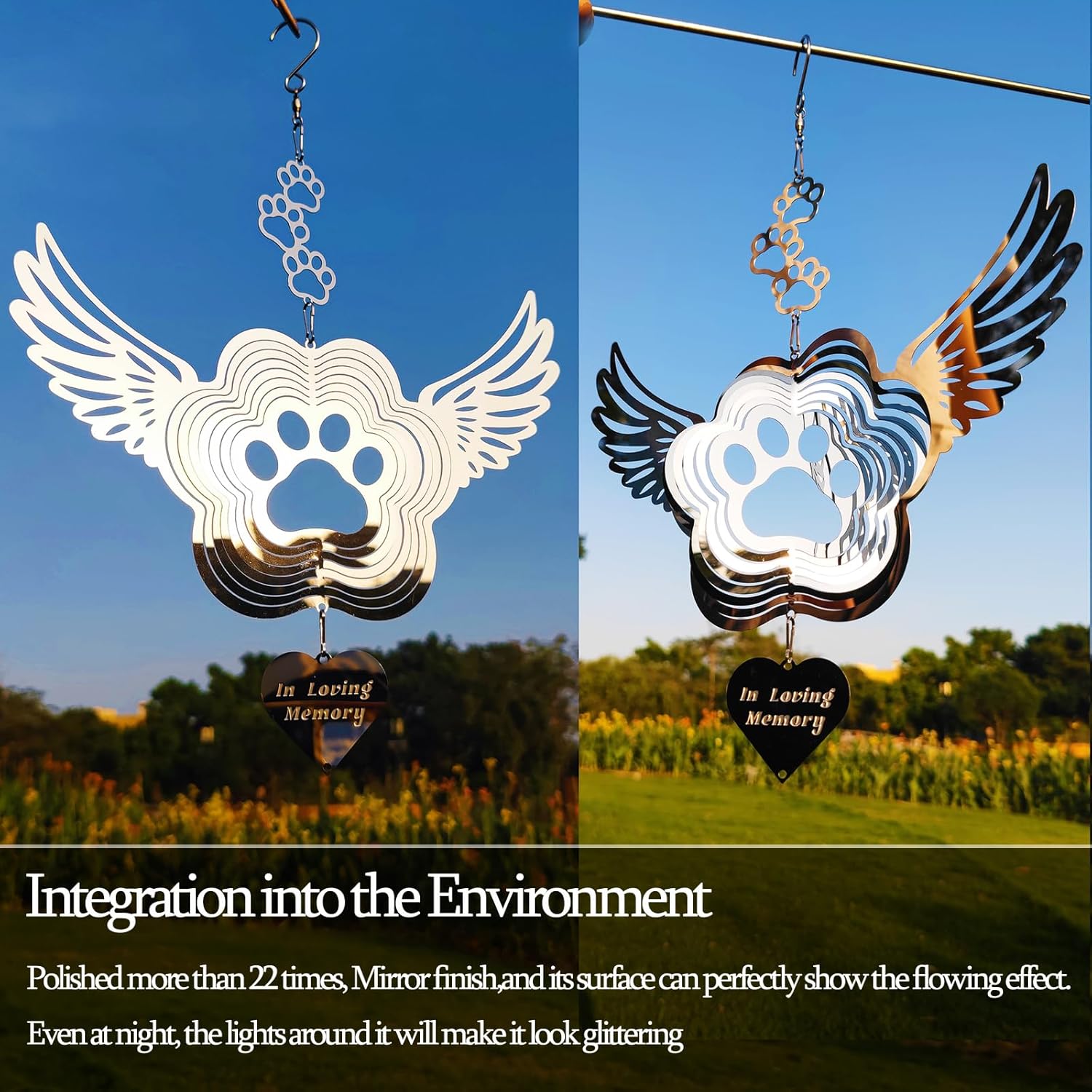 Pet Memorial Wind Spinners, Dog Memorial Gifts,Stainless Steel Angel Wings Pet Paw Print,Dogs and Cats Remembrance, Pet Sympathy,Pet Loss Bereavement Gifts