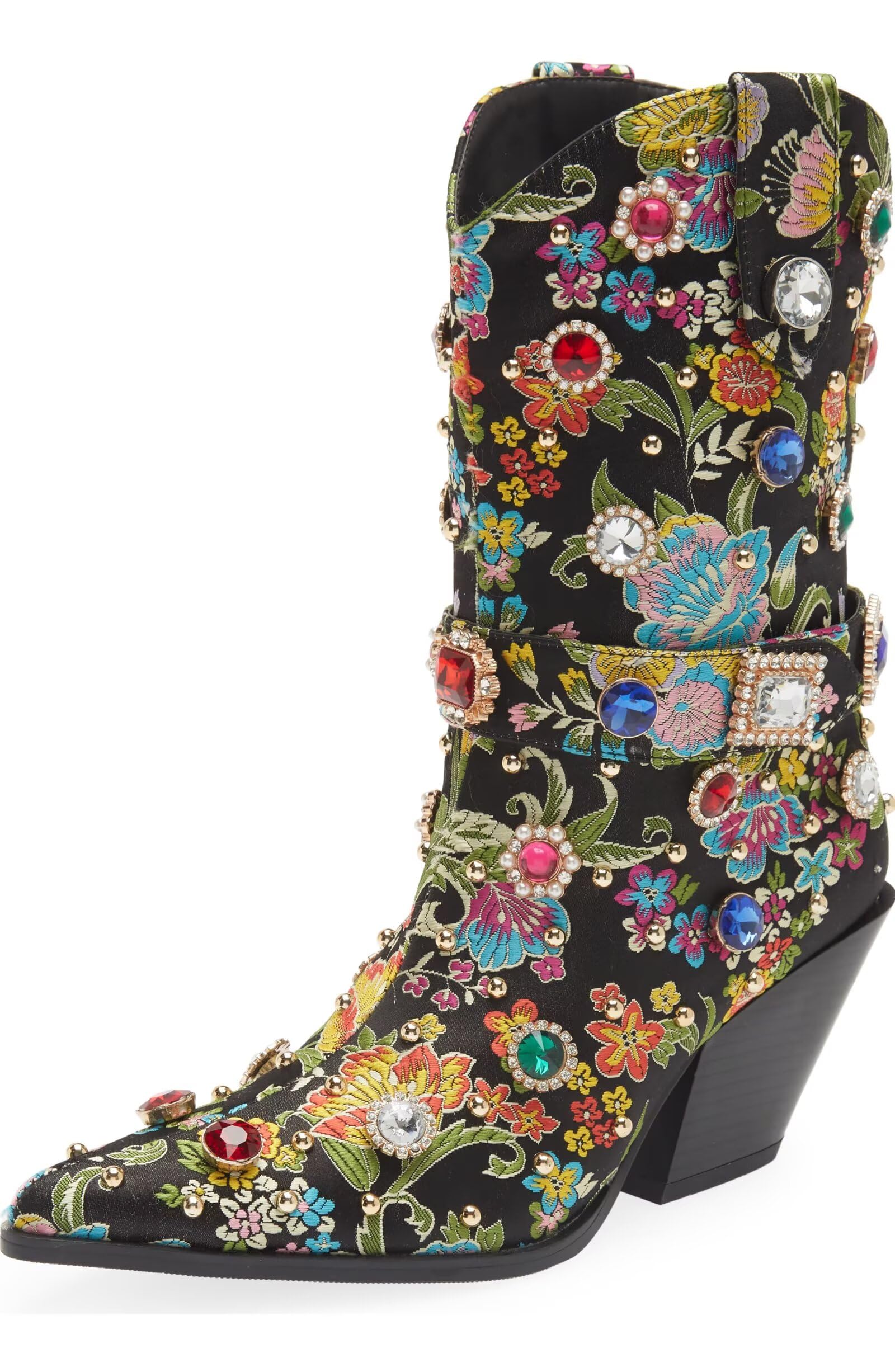 GPXGPX Western Cowboy Boots For Women Flower Embroidered Rhinestone Mid Calf Pointed Toe Chunky Heel Cowgirl Boots