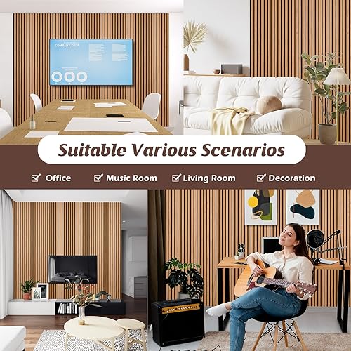 Miniatura 4 de Paneles de pared de listones de madera, paquete de 2 paneles acústicos de 46.46 x 23.82 pulgadas, panel de pared acanalado 3D que absorbe el sonido