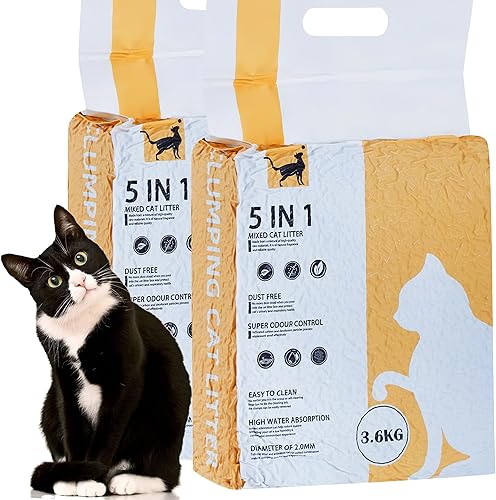 Arena mixta 5 en 1 para gatos, tofu para gatos, absorción de agua de 5 pliegues, aglutinación rápida, súper control de olor, carbón activado, sin