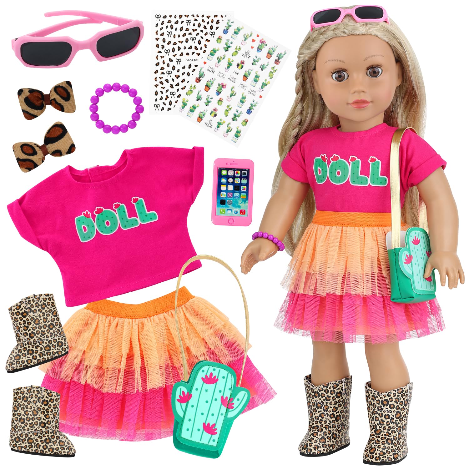 11Pcs American 18 Inch Doll Clothes Set- Mexican Style Accessories for 18 Inch Dolls-Complete Outfit with Leopard Boots,Cactus Bag(Doll not Included)