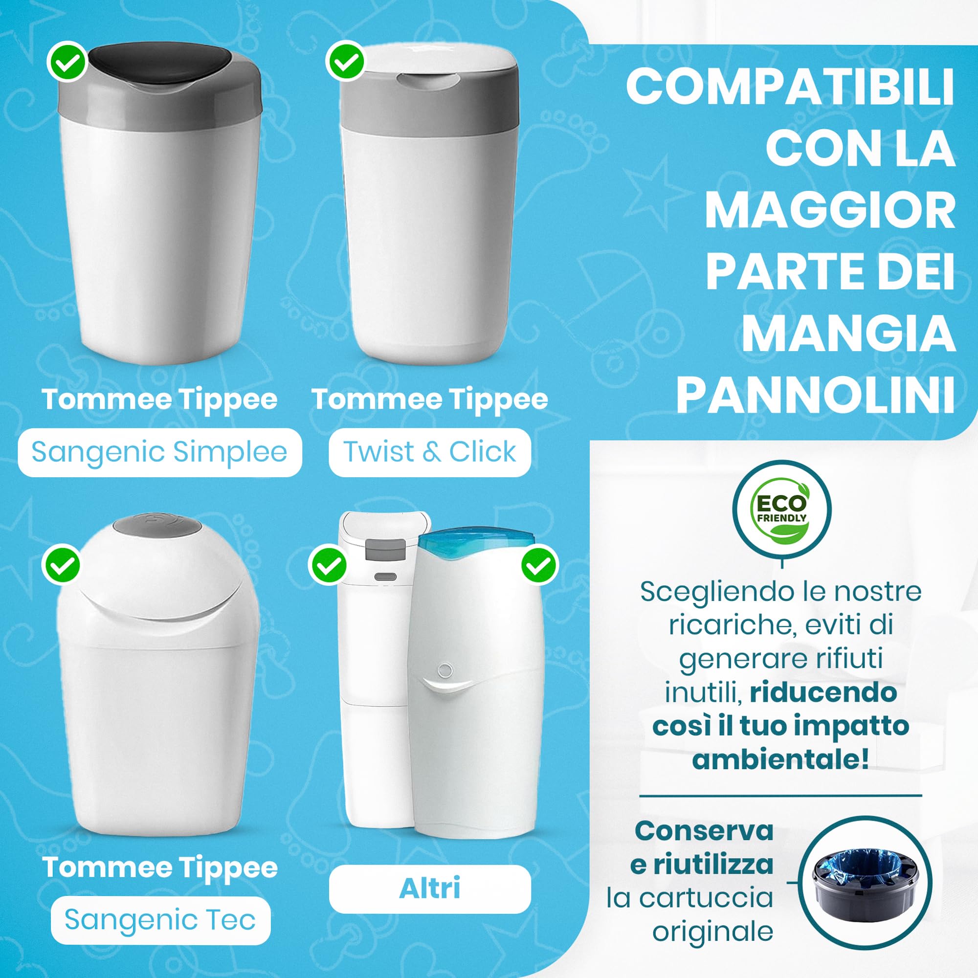 VibeGifting® Pack XXL-9 buste da 10 mt compatibili con Ricarica Mangiapannolini Foppapedretti, Ricariche Mangiapannolini Tommee Tippee, Profumate, Senza-BPA, 100% Riciclato