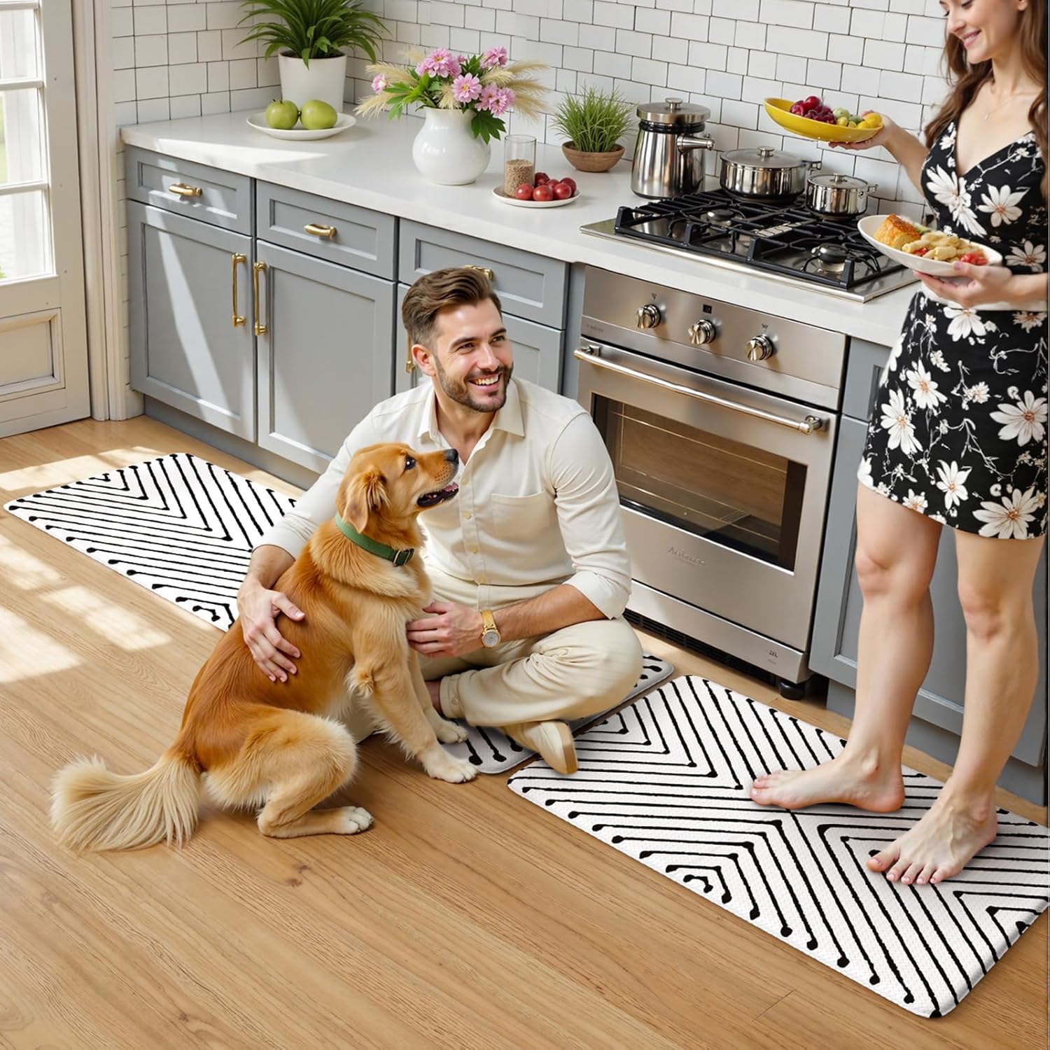 KIMODE Kitchen Mats Cushioned Anti Fatigue, Geometric Kitchen Rugs Sets of 2, Non Slip Waterproof Kitchen Floor Mats, Comfort Standing Mats for Laundry Office Sink Desk 17"x47"+17"x29" Black Diamond - Image 9