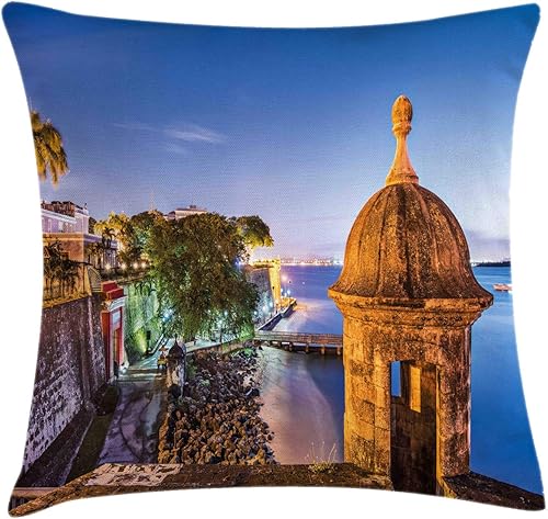 Lunarable Puerto Rico Throw Pillow Cushion Cover, Coast at Paseo de la Princesa Retro Style Architectural Elements Photography, Decorative Square