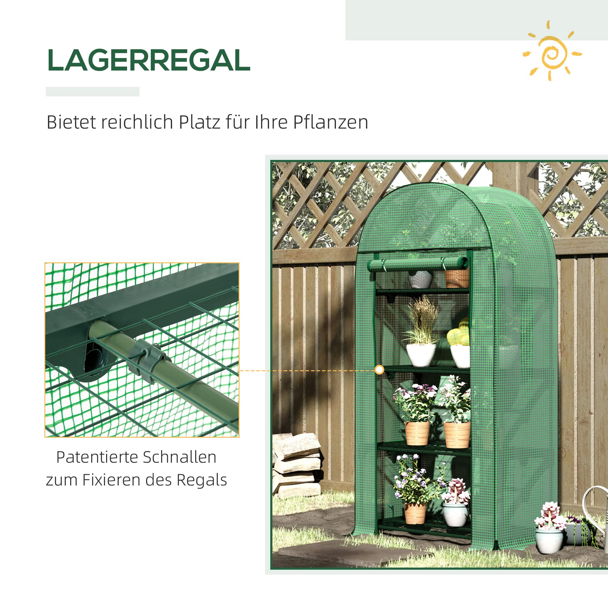 Outsunny Foliengewächshaus Balkon mit 4 Ablagen Mini Gewächshaus Treibhaus Tomatenhaus Pflanzenhaus Frühbeet Metall Grün 80 x 49 x 160 cm