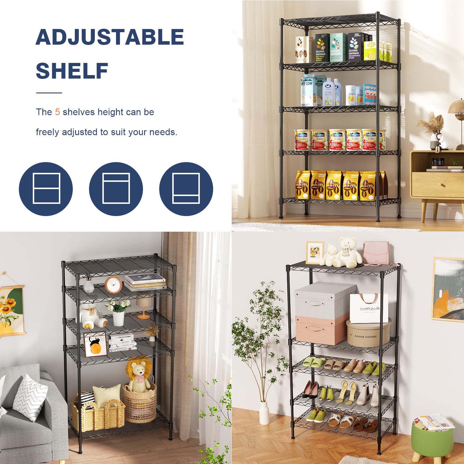 Scaffalatura a 5 ripiani in filo resistente, 89 cm x 45 cm x 180 cm (larghezza x altezza x altezza), mensole su ruote bloccabili, ripiani in metallo regolabili in altezza, per bagno, cucina