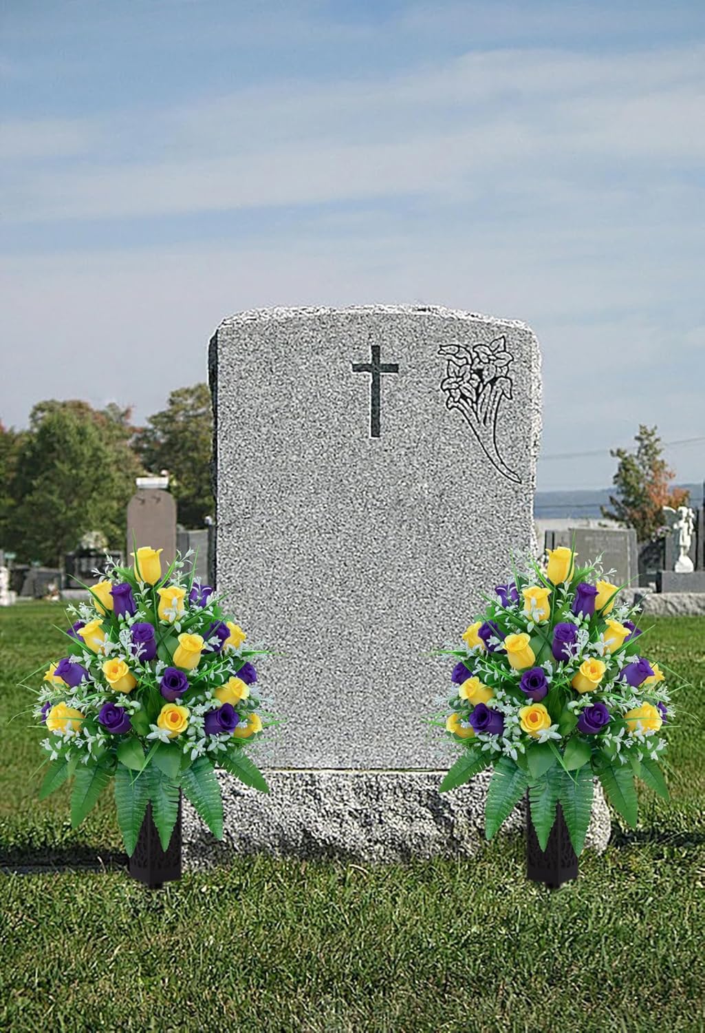 Artificial Cemetery Flowers, Gravesite Decoration Roses, Memorial Bouquets with Cemetery Vase, Vibrant and Long-Lasting Colors ( Yellow+Purple, 2 Bundles - Image 5