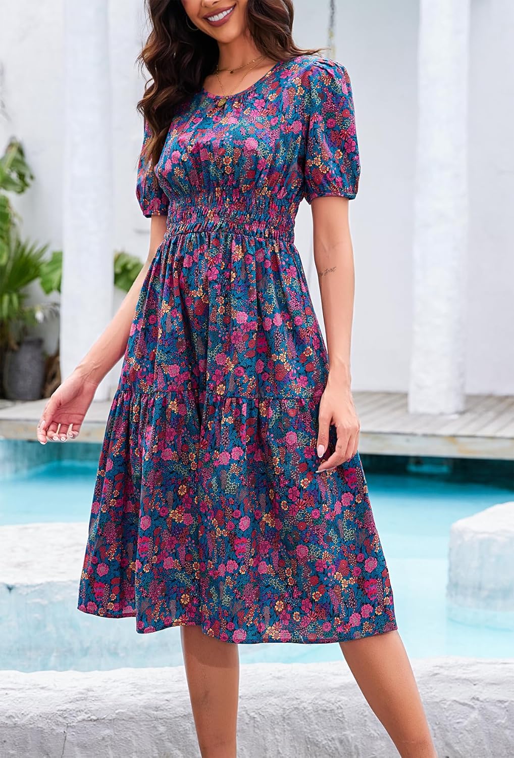 Kormei Women Summer Casual Boho Floral Round Neck Short Sleeve Smocked Waist Tiered Flowy Swing Midi Dress - Image 4