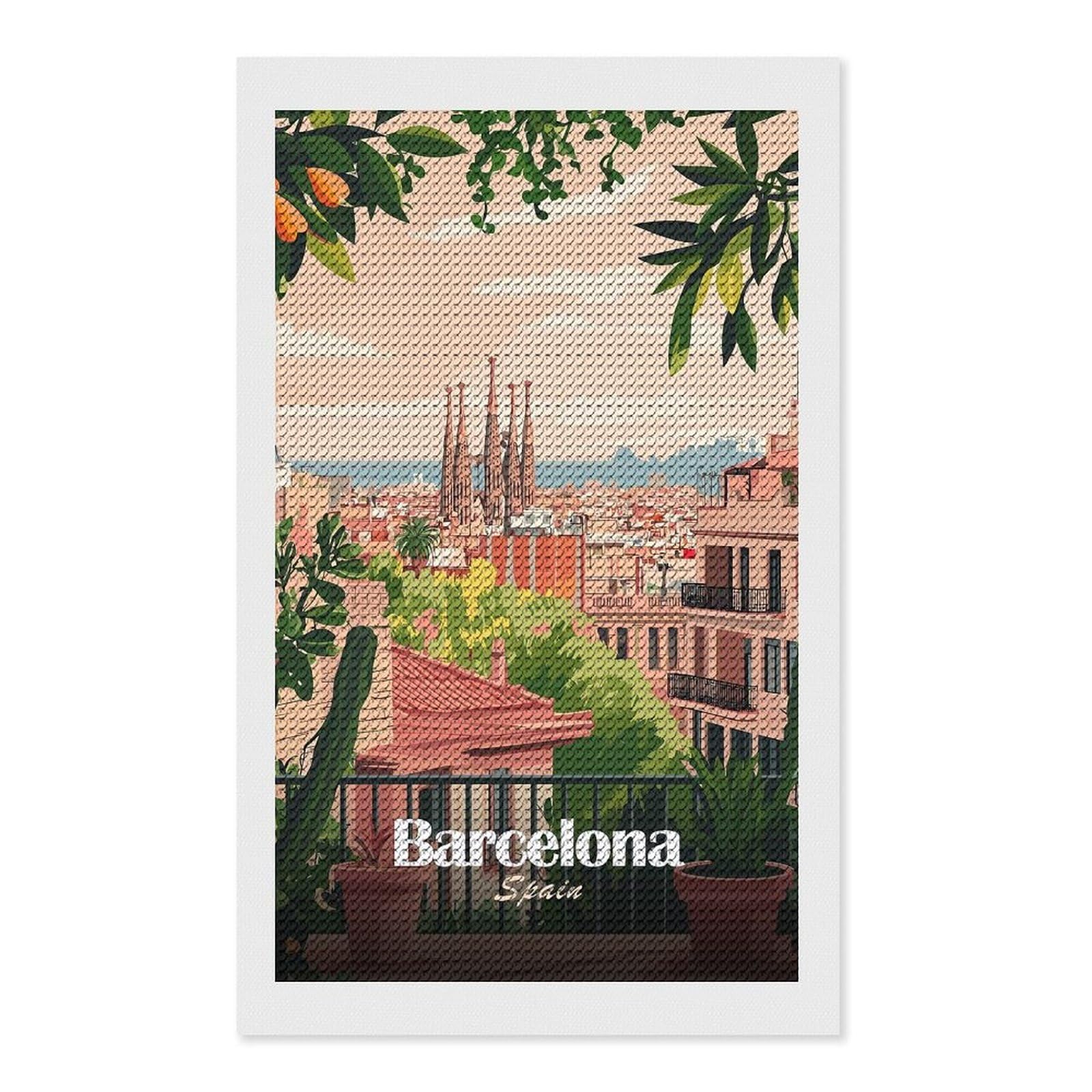Junmoney Barcelona Spain Cityscape Illustration Diamond Art Kit 12"x20", Gift Idea, for Family Craft Time, Mindful Craft Activity, Boho Decor, Relaxing DIY Hobby