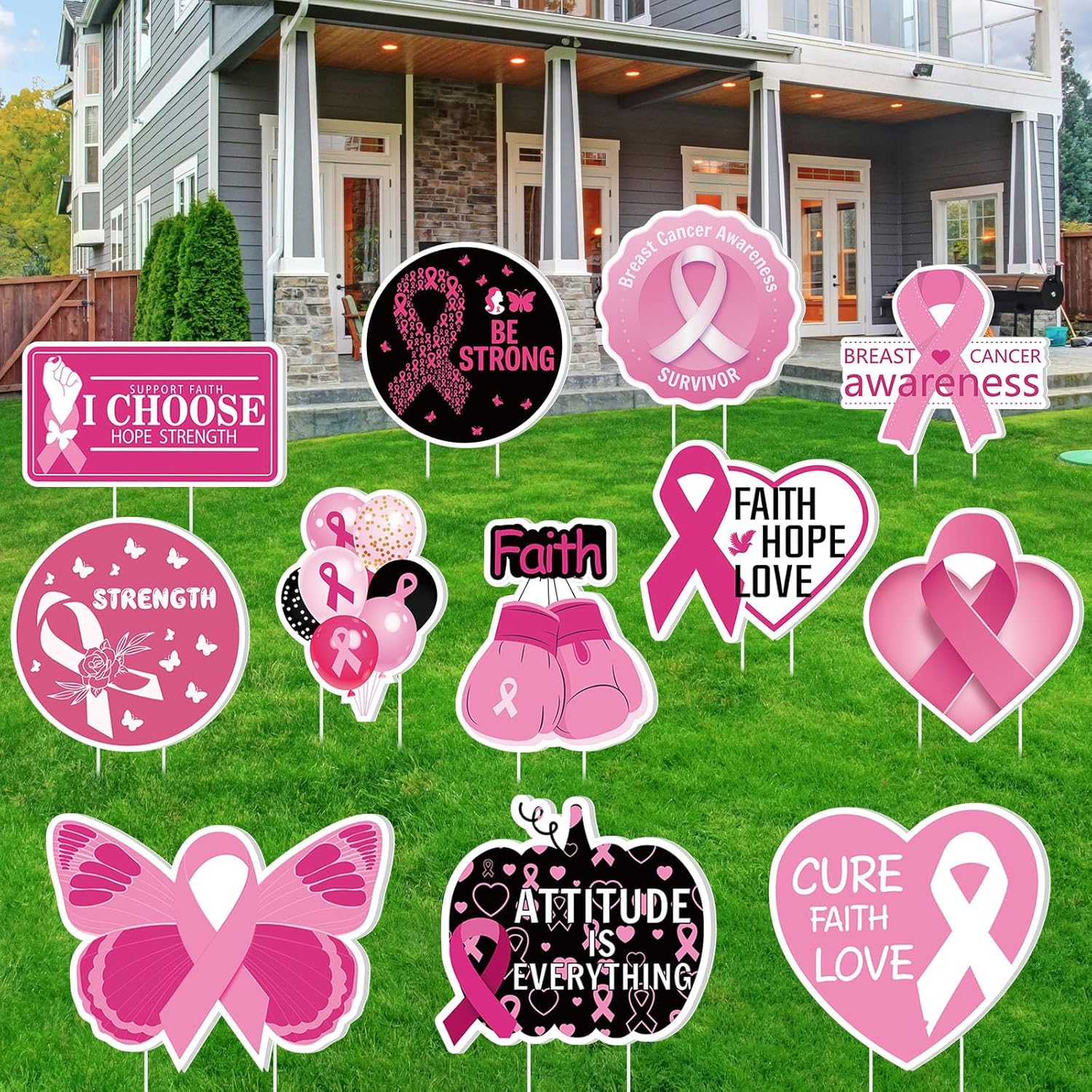 Amyhill 12 Pcs Breast Cancer Awareness Yard Signs for Outdoor Pink Ribbon Garden Lawn Signs Decoration with Stakes Waterproof Decor Gifts for Women Festive Holiday Party Patio Lawn Walkway Decoration