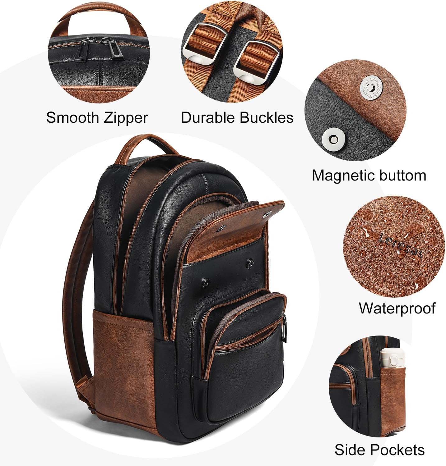 37L Backpack Purse for Women Men for Work Travel Back Pack Vegan Leather Business Teacher Book Bag Fashion Computer Daypack Back Pack Brown Black