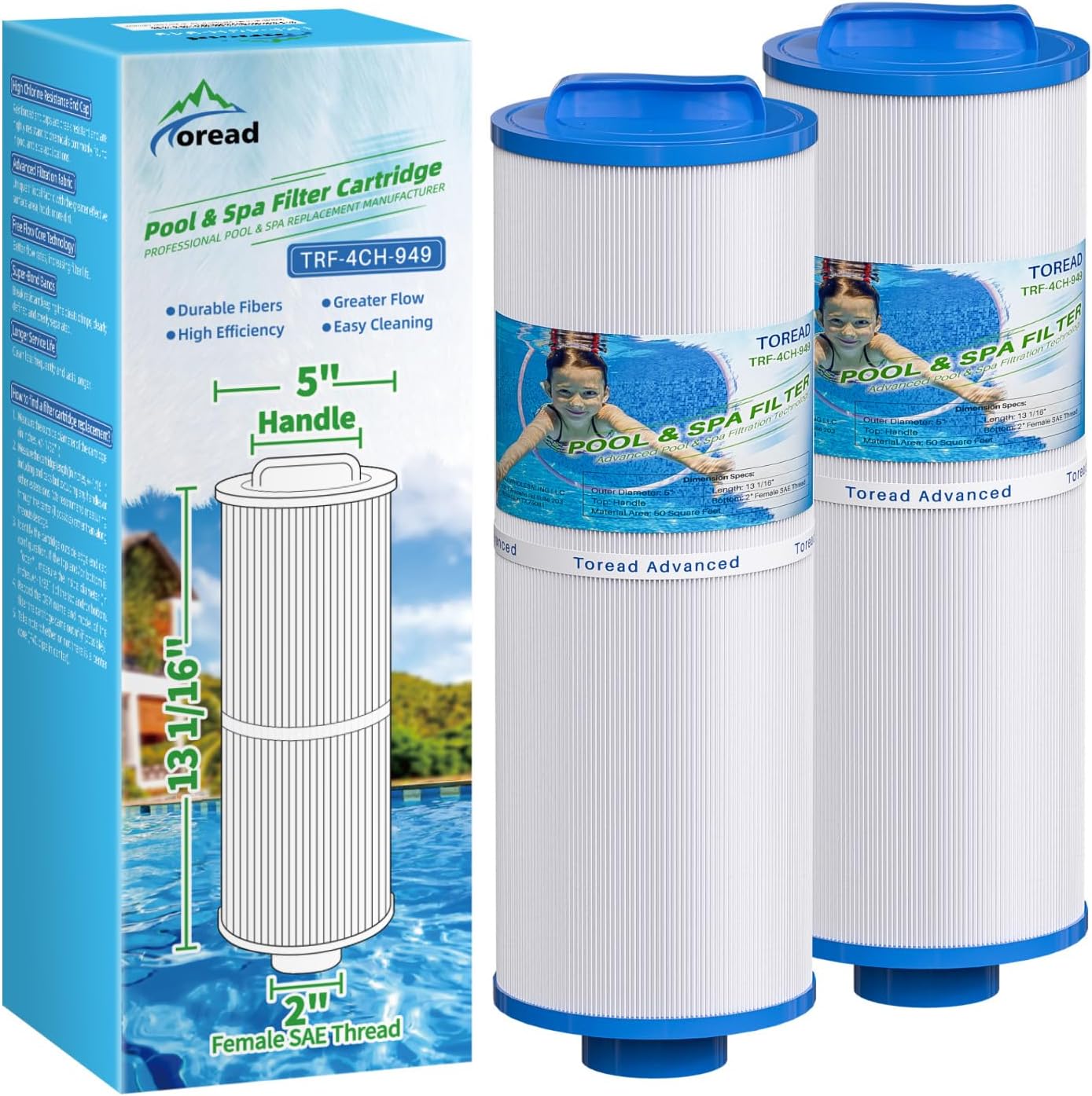 TOREAD 4CH-949 Spa Filter Replaces PWW50L, FIL50-5D13H15FCT-3, Filbur FC-0172, SD-01143, 817-4050, Rising Dragon 50, Waterway Teleweir 50 sqft Filter Cartridge 2PACK