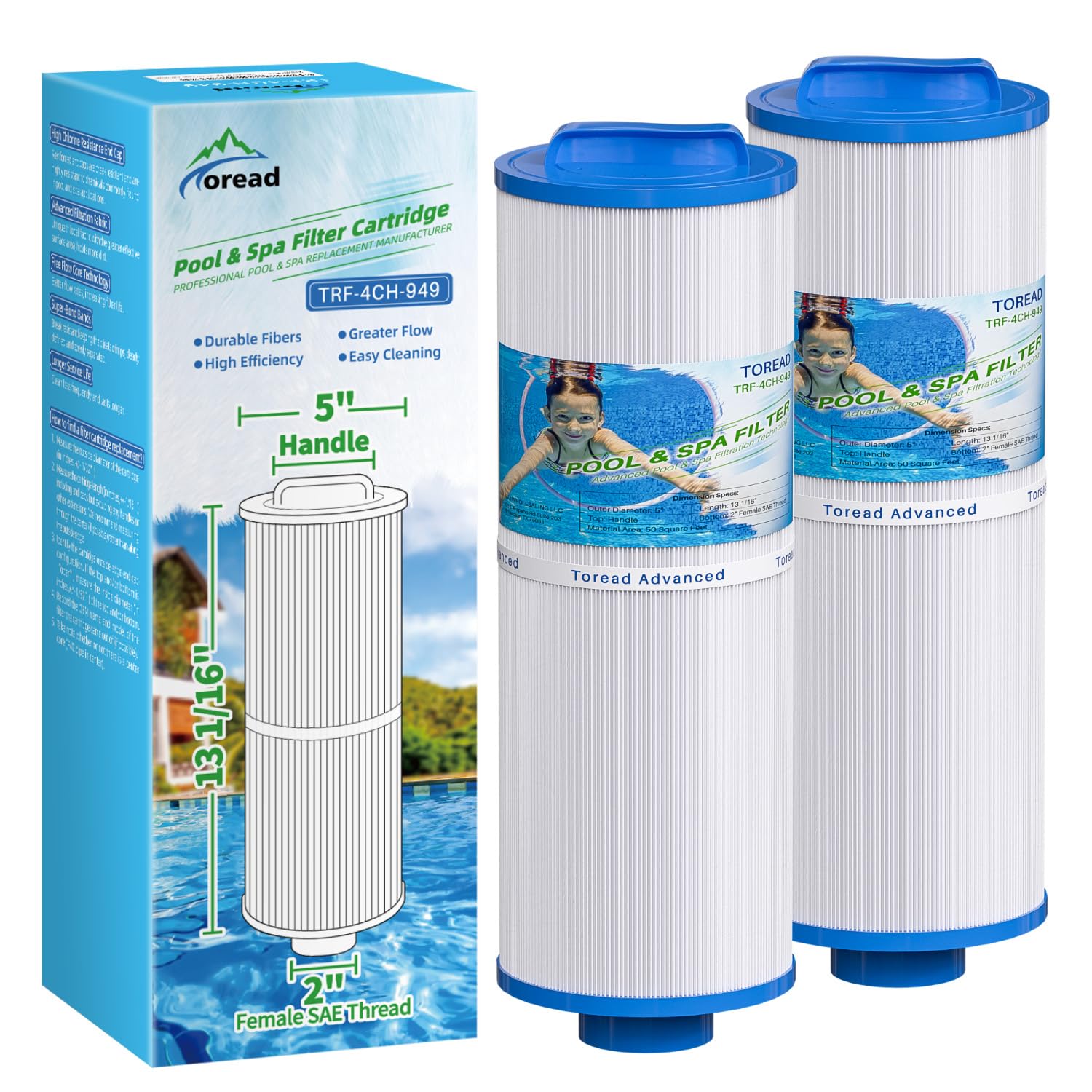TOREAD 4CH-949 Spa Filter Replaces PWW50L, FIL50-5D13H15FCT-3, Filbur FC-0172, SD-01143, 817-4050, Rising Dragon 50, Waterway Teleweir 50 sqft Filter Cartridge 2PACK