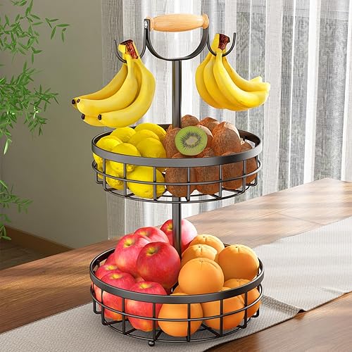 Miniatura 9 de Cesta de frutas para encimera de cocina, cesta de frutas de alambre con 2 soportes para plátanos, cesta de almacenamiento de papas, cebollas,