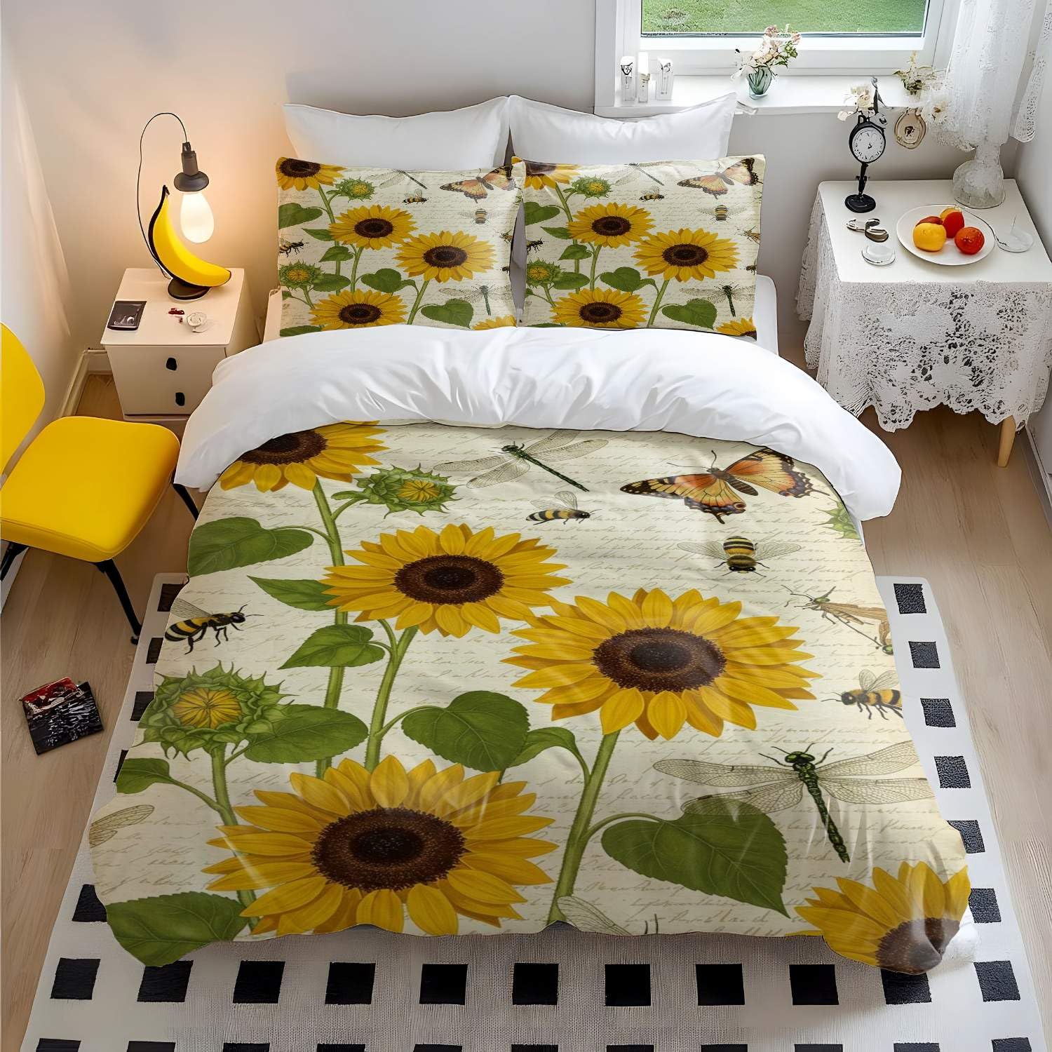 Housse de couette imprimée tournesol botanique rétro 3 pièces avec taie d'oreiller 50x75