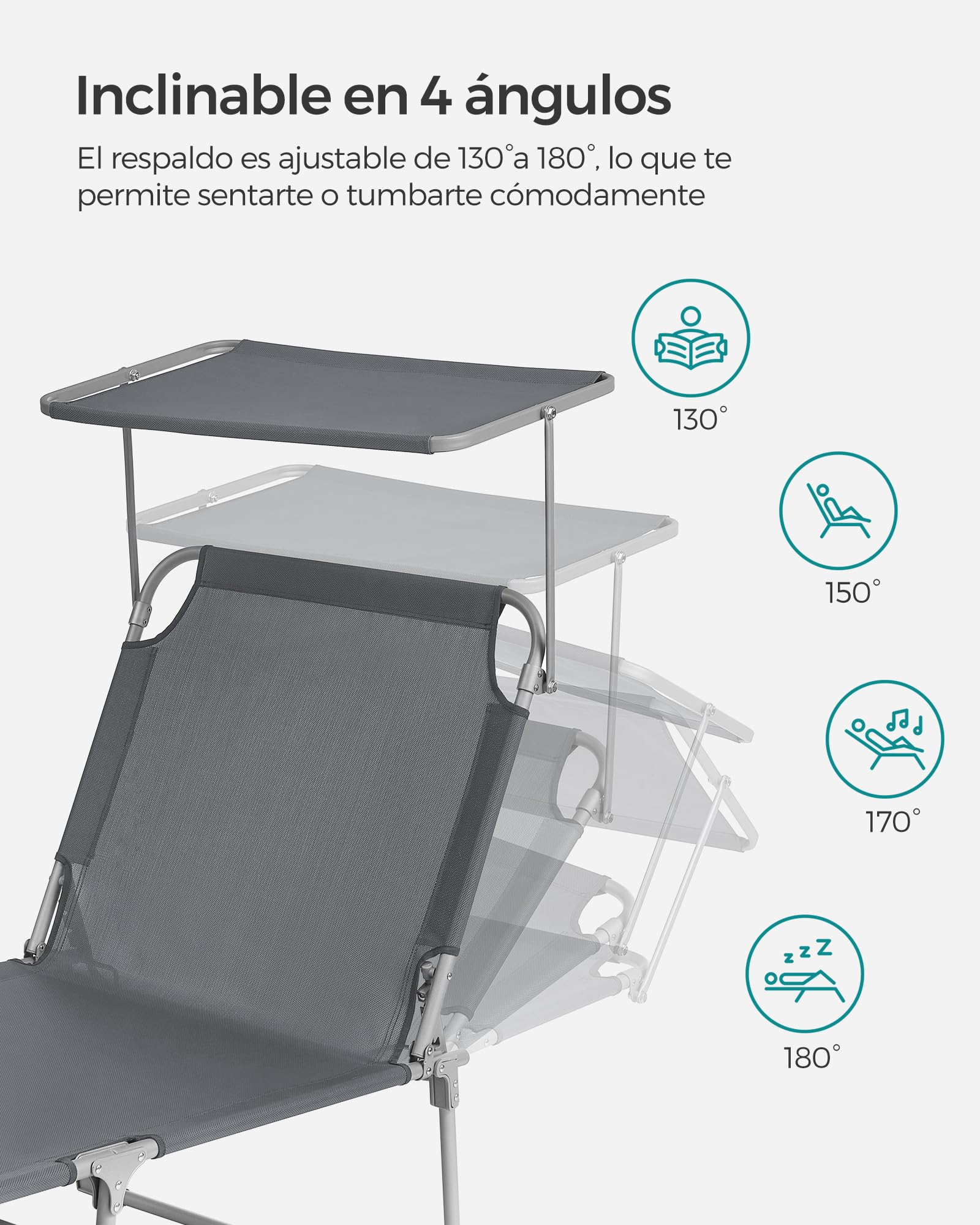 SONGMICS Tumbona, Tumbona Reclinable, 193 x 53 x 29 cm,Carga de 150 kg, con Reposacabezas de Protección Solar y Respaldo Reclinable, para Terraza, Piscina, Jardín, Gris Oscuro GCB19UV1