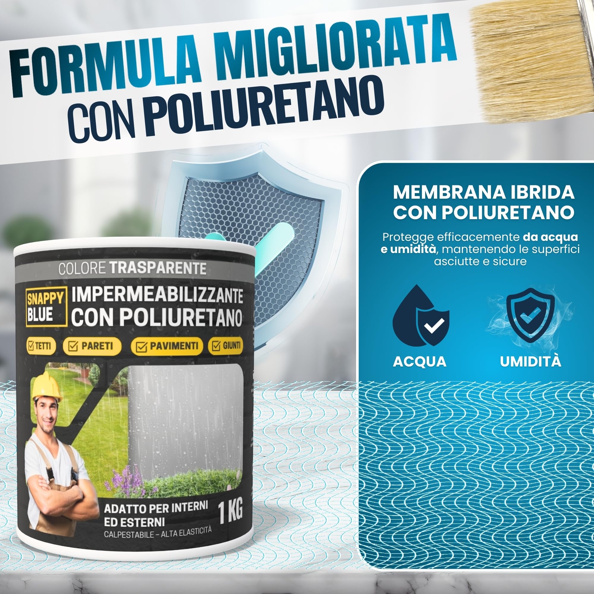 [2KG + SPAZZOLA] Impermeabilizzante Trasparente al Poliuretano, Sigillante Impermeabile per Perdite d’Acqua, Rivestimento Idrorepellente Definitivo e Invisibile per Tetti, Terrazze ed Esterni