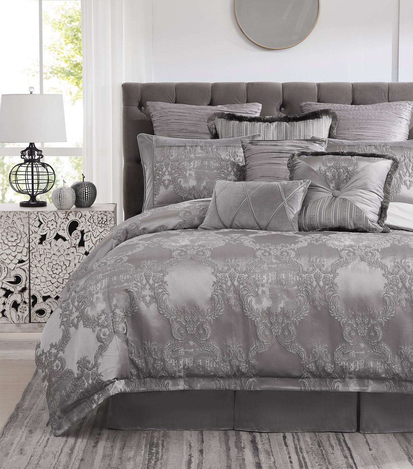 Austin Horn Classics Prestige Mitered 20x20 Decorative Throw Pillow - Platinum Accent Cushion with Button Center and Brushed Fringe Edge, Polyester Fiber Filled, Spot Clean Only