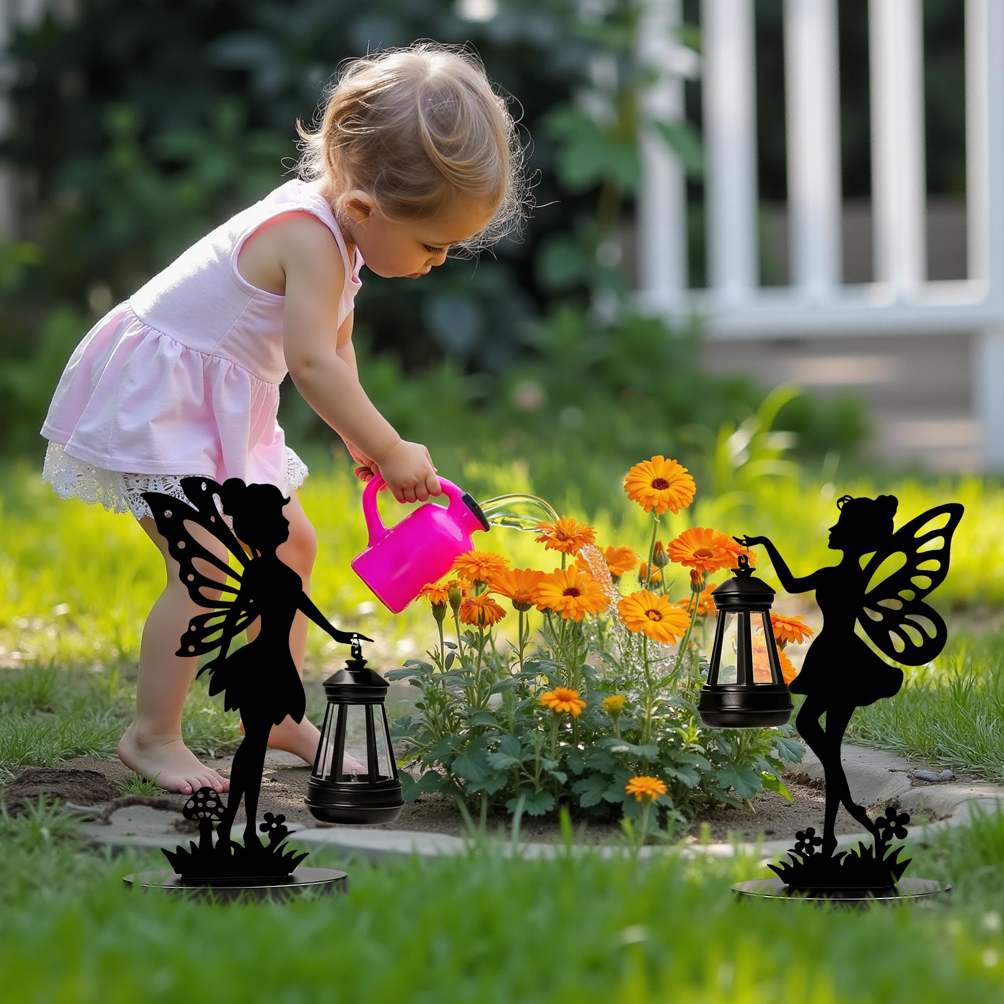 GIGALUMI Eiserne Feenstatue, Gartenornamente, für den Außenbereich mit solarbetriebenen Lichtern, wasserdichte Gartenstatue, Dekorationen für Terrasse, Hof, einzigartig für Mutter（2 Stück）