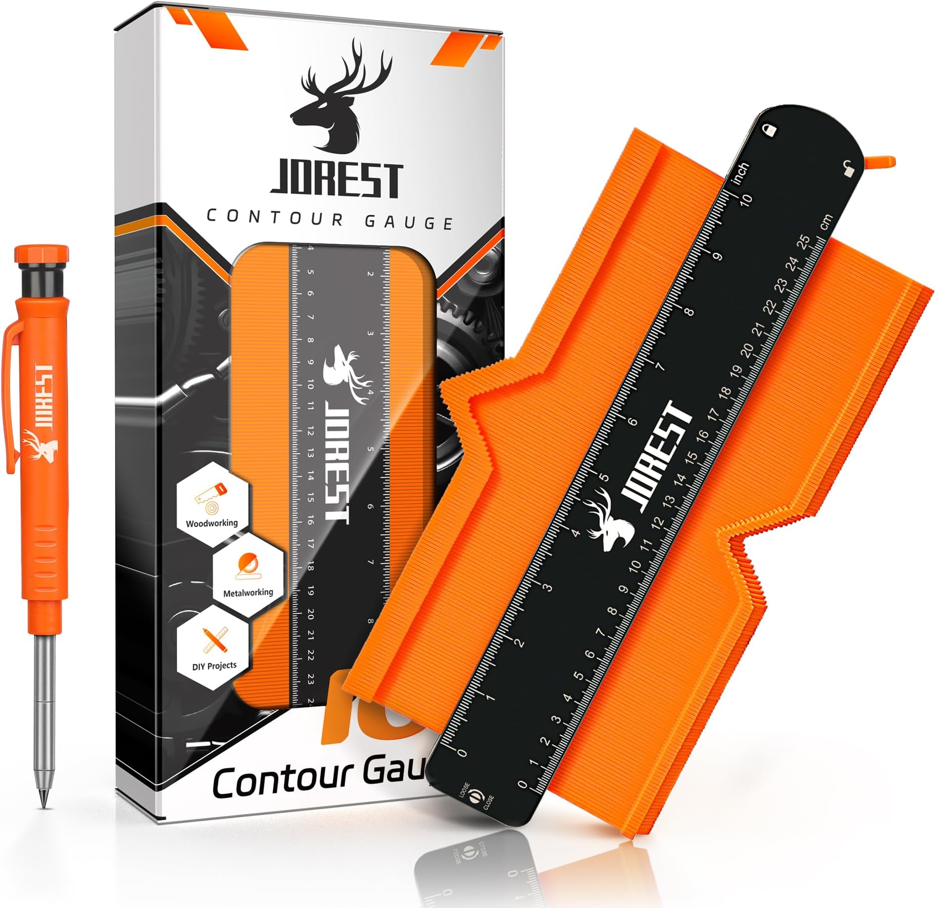 JOREST Contour Gauge 10 Inch + Carpenter Pencil, Profile Template Tool for Laminate Flooring, Tile Laying, Woodworking, Measuring Shape Outline, Unique Gifts Ideas for Men Dad Husband Him