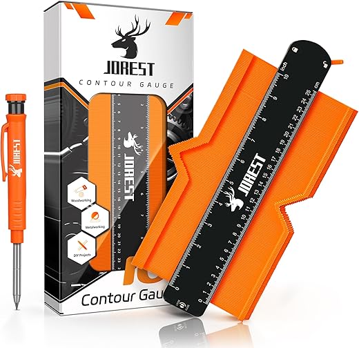 JOREST Medidor Contornos 25cm + Lapiz carpintero, Regalos Navidad para Hombre Padre, Copiador de Contornos, Regla Medidor Angulos, Transportador de Formas para Azulejos Suelos/Parquet Laminado/Madera