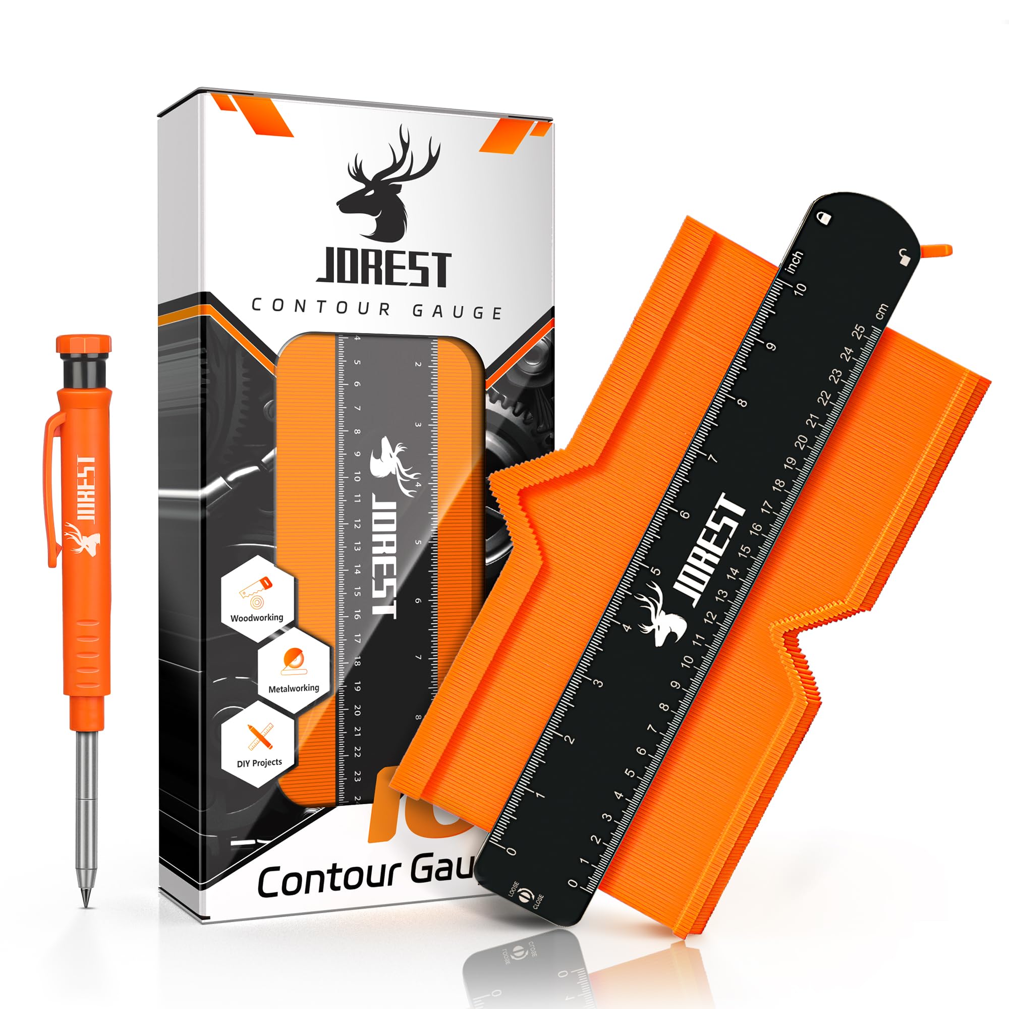 JOREST Contour Gauge 10 Inch + Carpenter Pencil, Profile Template Tool for Laminate Flooring, Tile Laying, Woodworking, Measuring Shape Outline, Unique Gifts Ideas for Men Dad Husband Him