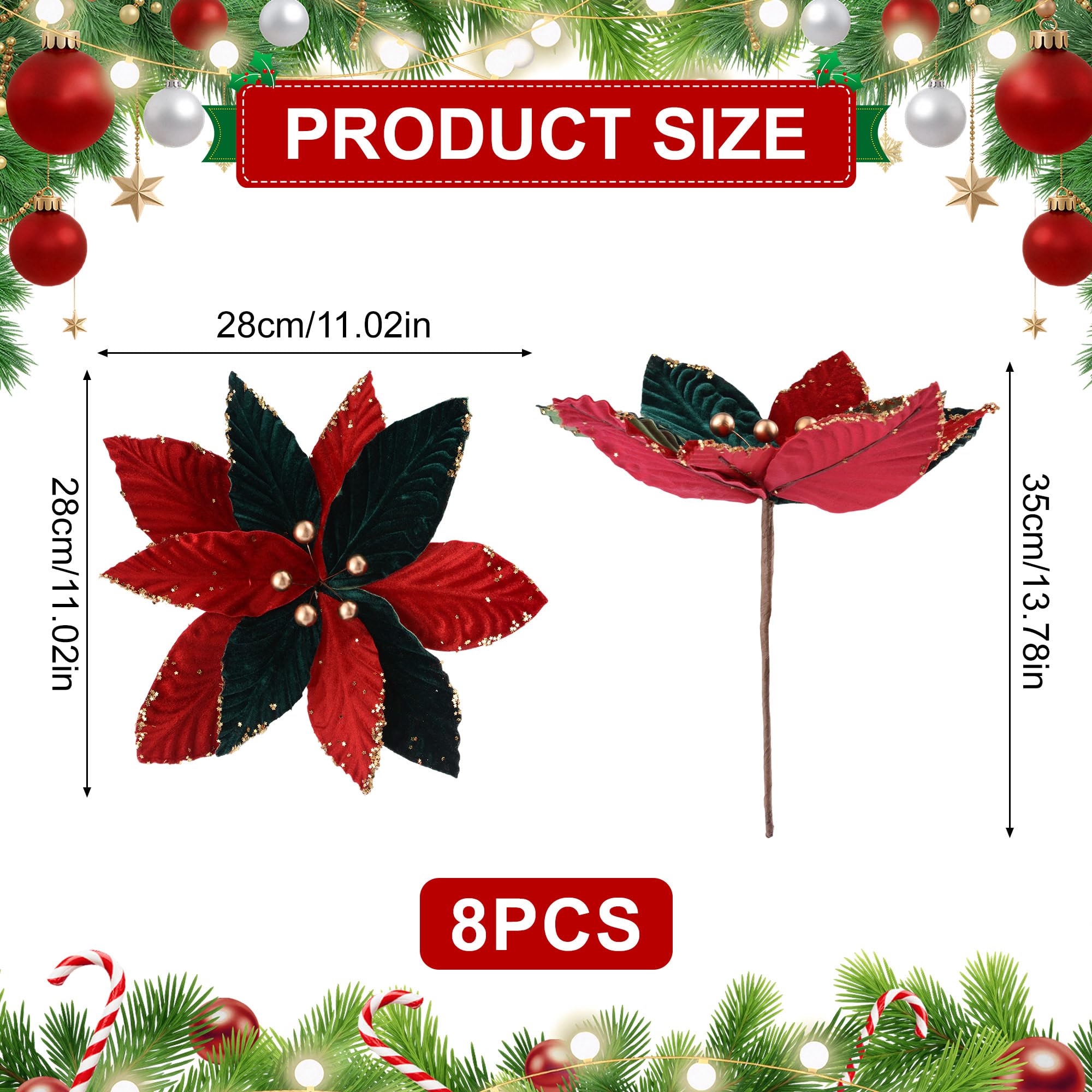 WANDIC 8pcs Fleurs artificielles Fleurs de Noël Tissu de Velours Rouge et Vert de Noël 28CM