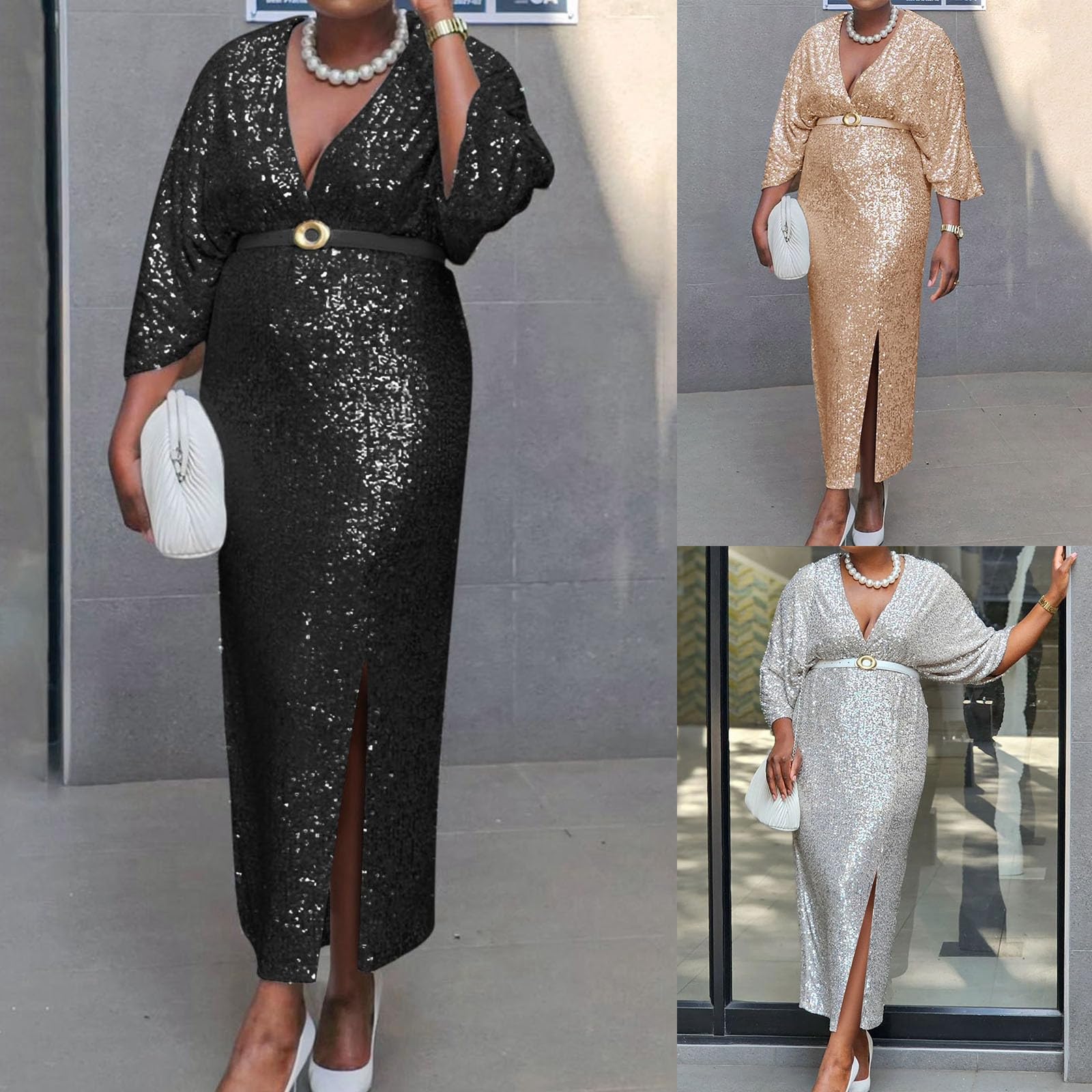 Generisch Vestido de mujer de gran tamaño, vestido de noche con lentejuelas, elegante, cuello en V, bodycon maxi vestido sexy, vestido de fiesta, vestido de fiesta, vestido de oficina, vestido de