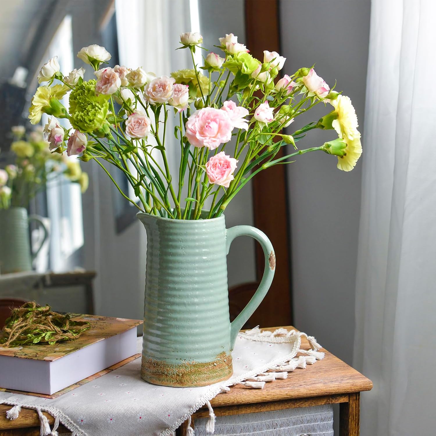 Quoowiit Ceramic Rustic Vase with Handle, Green Distressed Decorative Farmhouse Pitcher Vase for Home Decor Living Room Bedroom Kitchen Office Shelf Decor Centerpiece Table Decoration