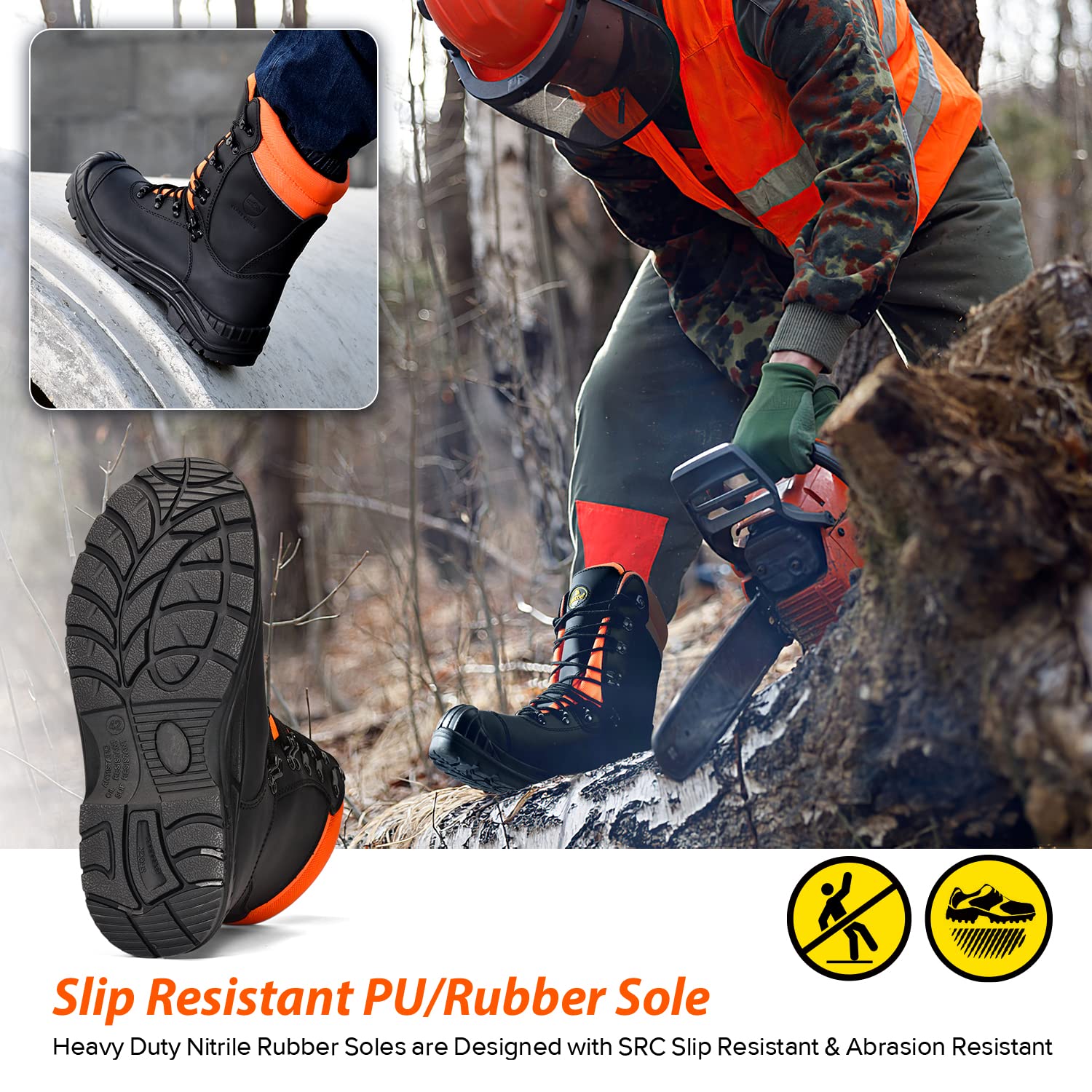 SAFETOE Sierra de Seguridad botas de protección de corte de grado 1, zapatos de construcción de madera con plantilla de espuma de memoria de cuero de acero pesado bovino calzado